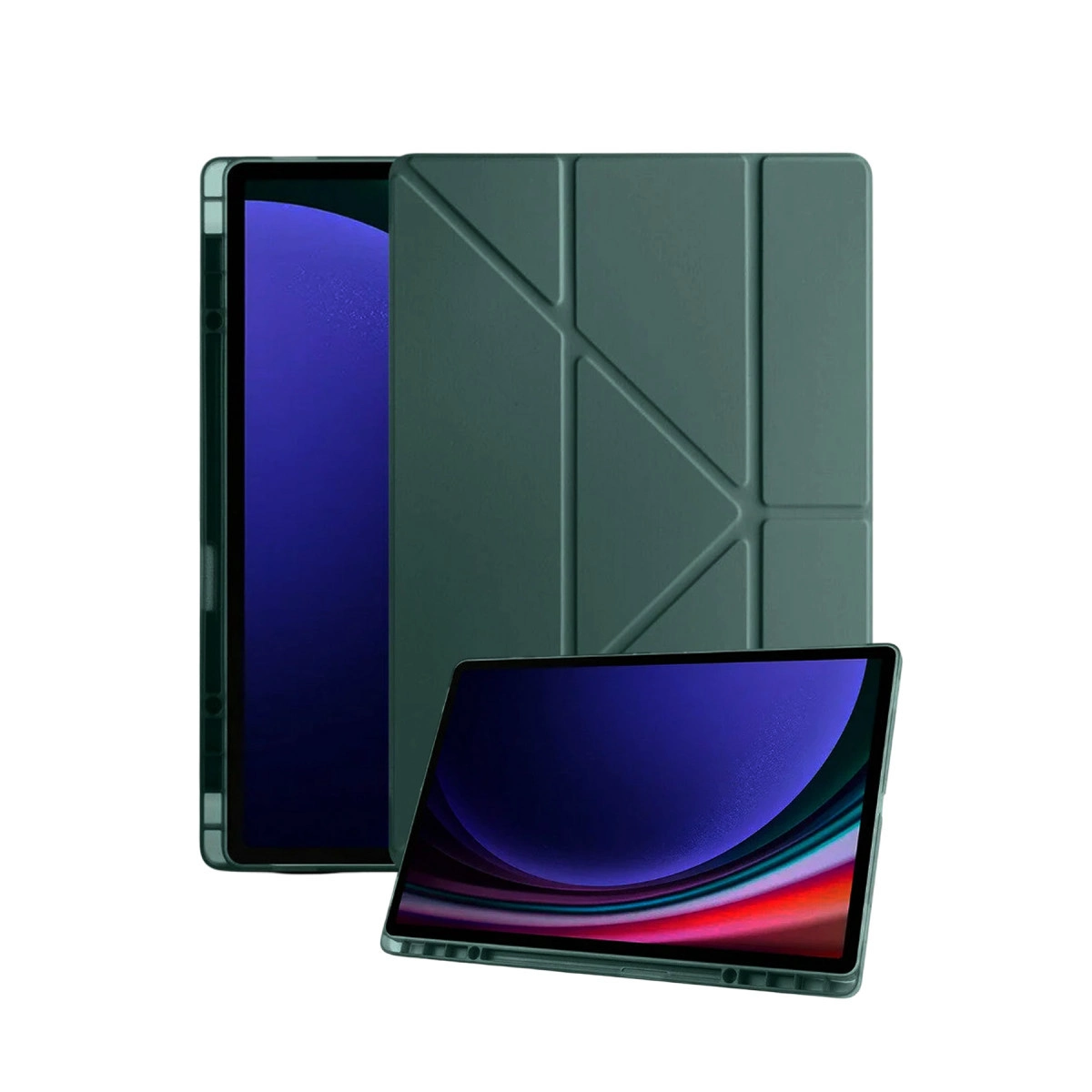 Katlanabilir kılıflı yeşil bir tablet ve ön planda ikinci bir tablet.