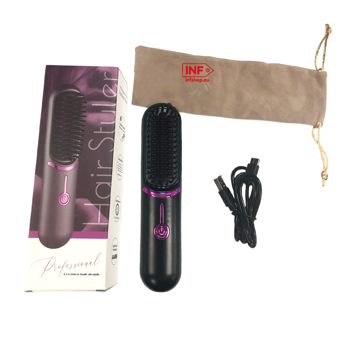 Ein schwarzer Haarglättungskamm mit violetten Akzenten, Ladekabel und Beutel.