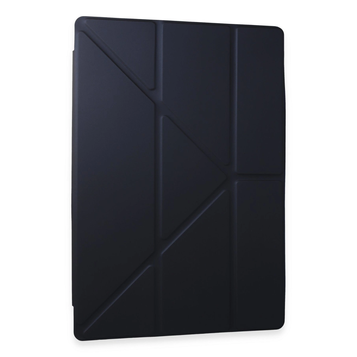 Geometrik desenli lacivert tablet kılıfı, beyaz zeminde.
