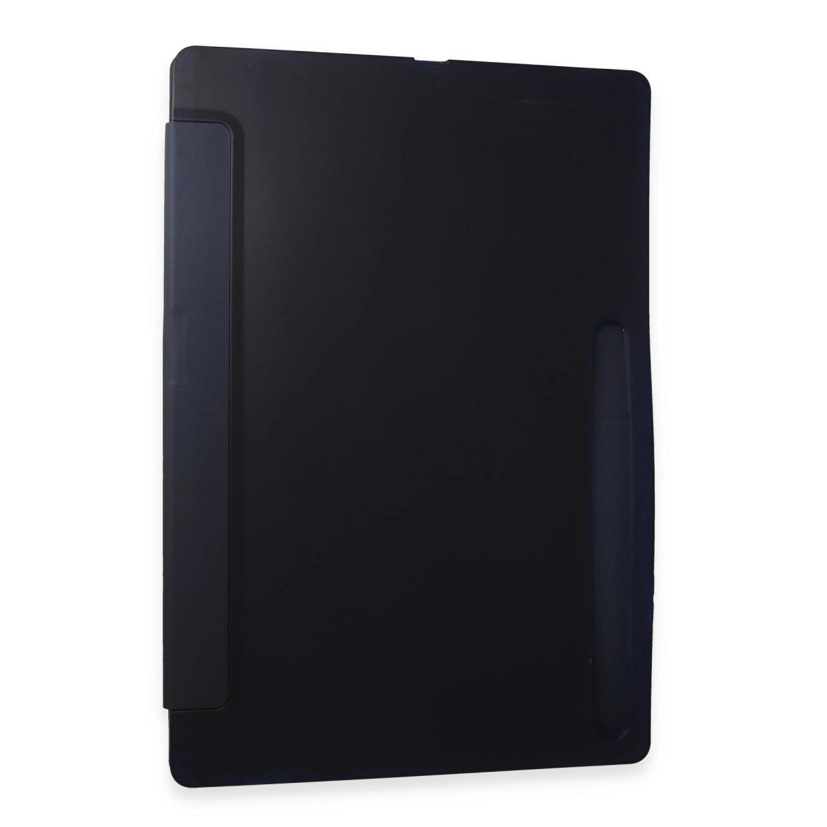 Köşeleri yuvarlak, yan tutamaklı siyah, dikdörtgen bir tablet.