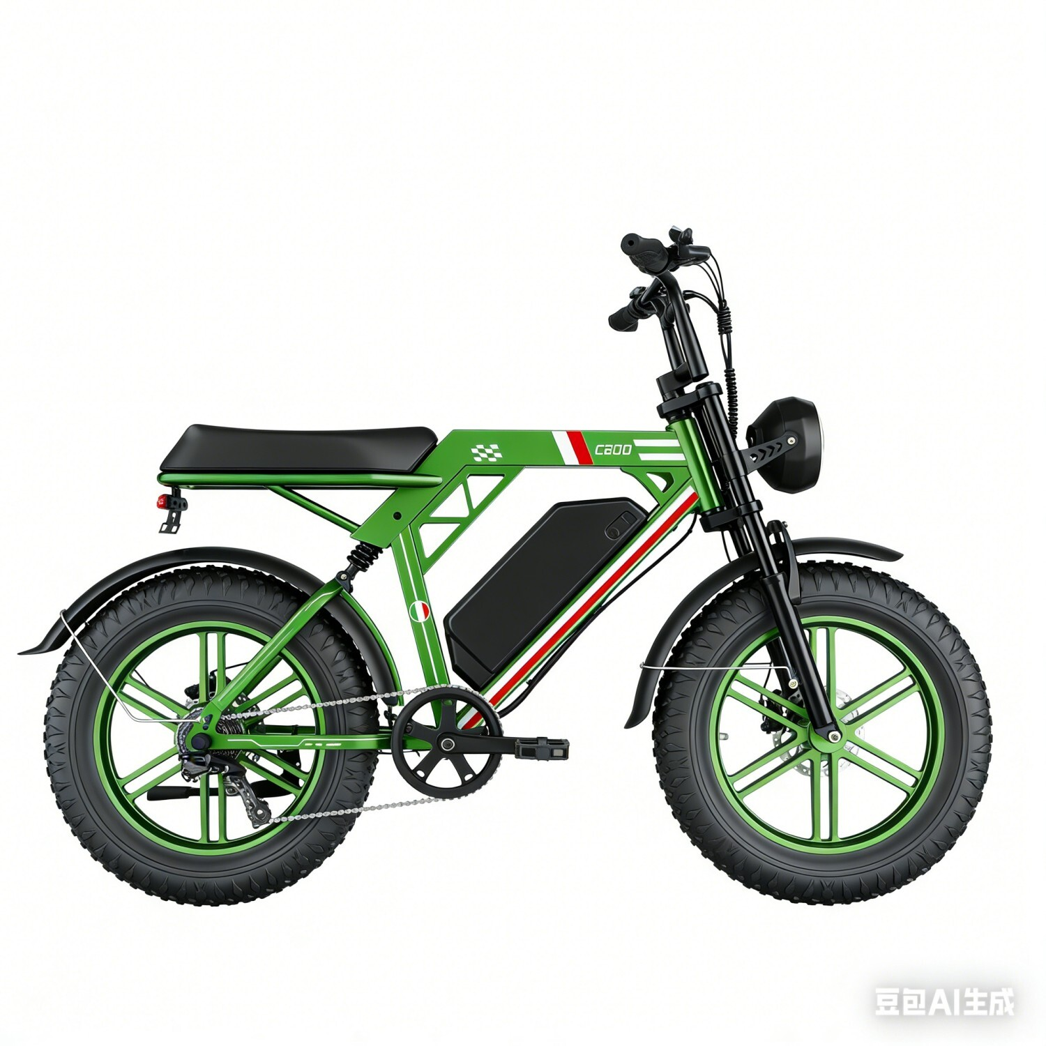 Zielony rower elektryczny z czarnym siodełkiem i grubymi oponami. Białe tło.