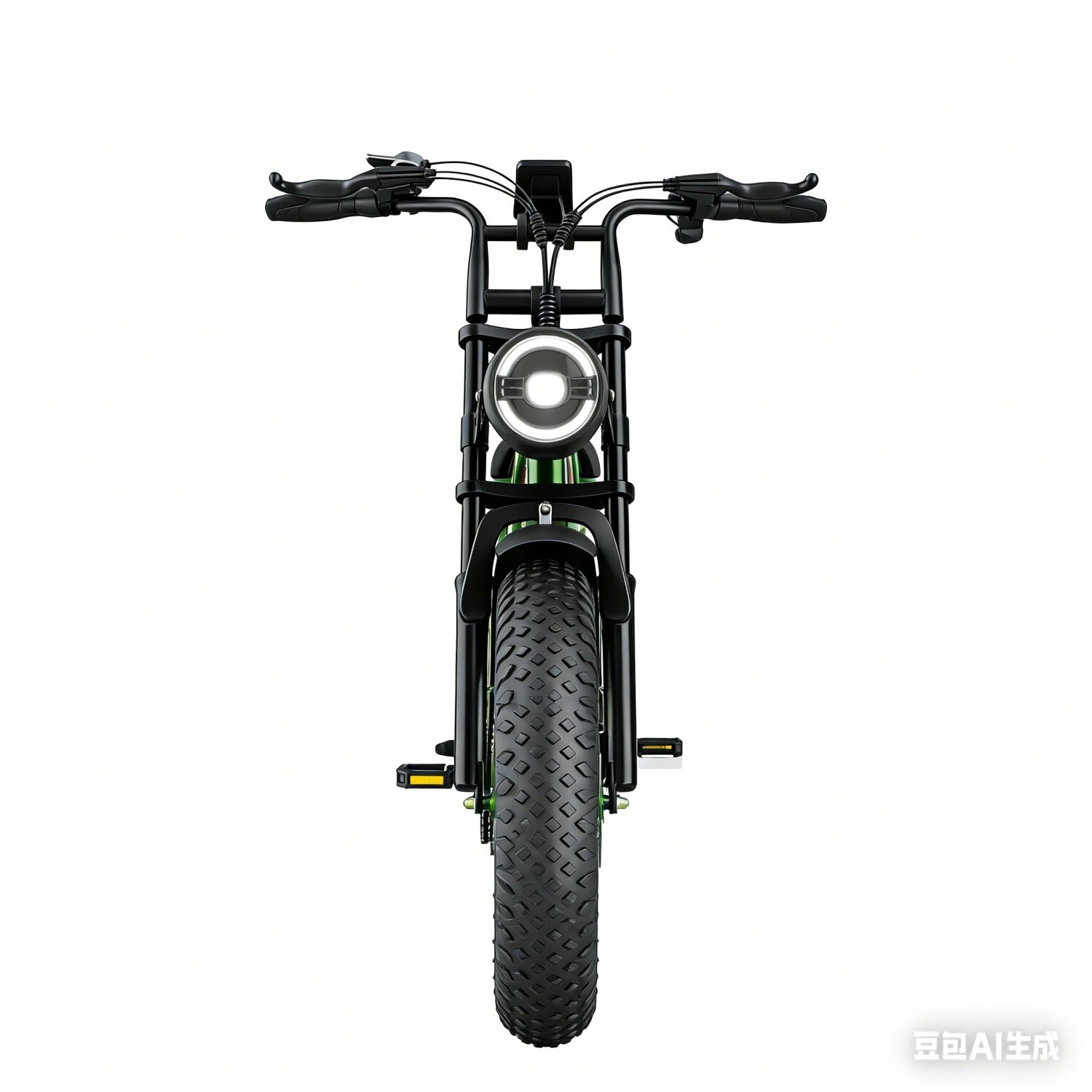 Czarny rower elektryczny z szeroką oponą, okrągłym światłem i kierownicą.