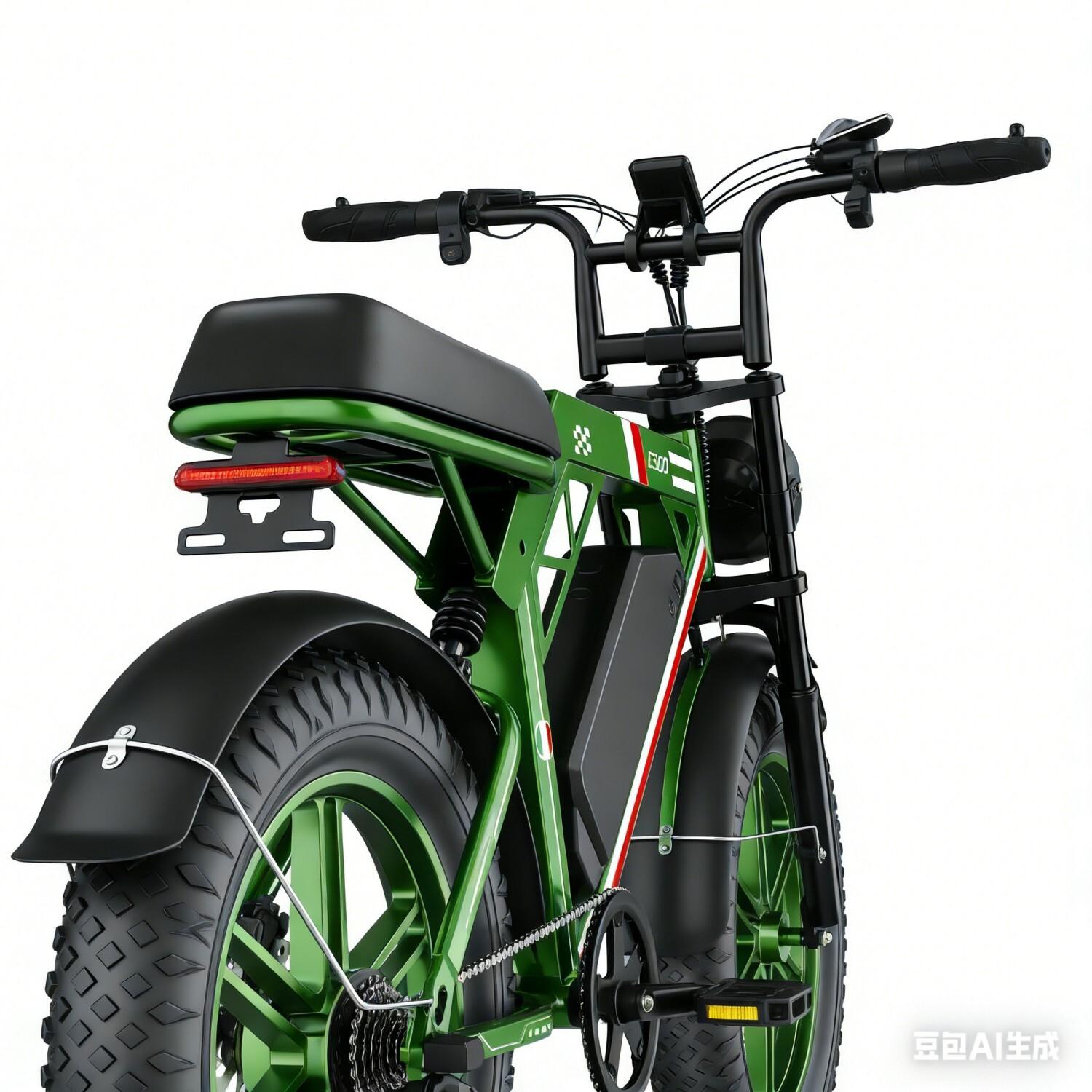 Zielony rower elektryczny z grubymi oponami, czarnym siodłem i tylnym światłem.