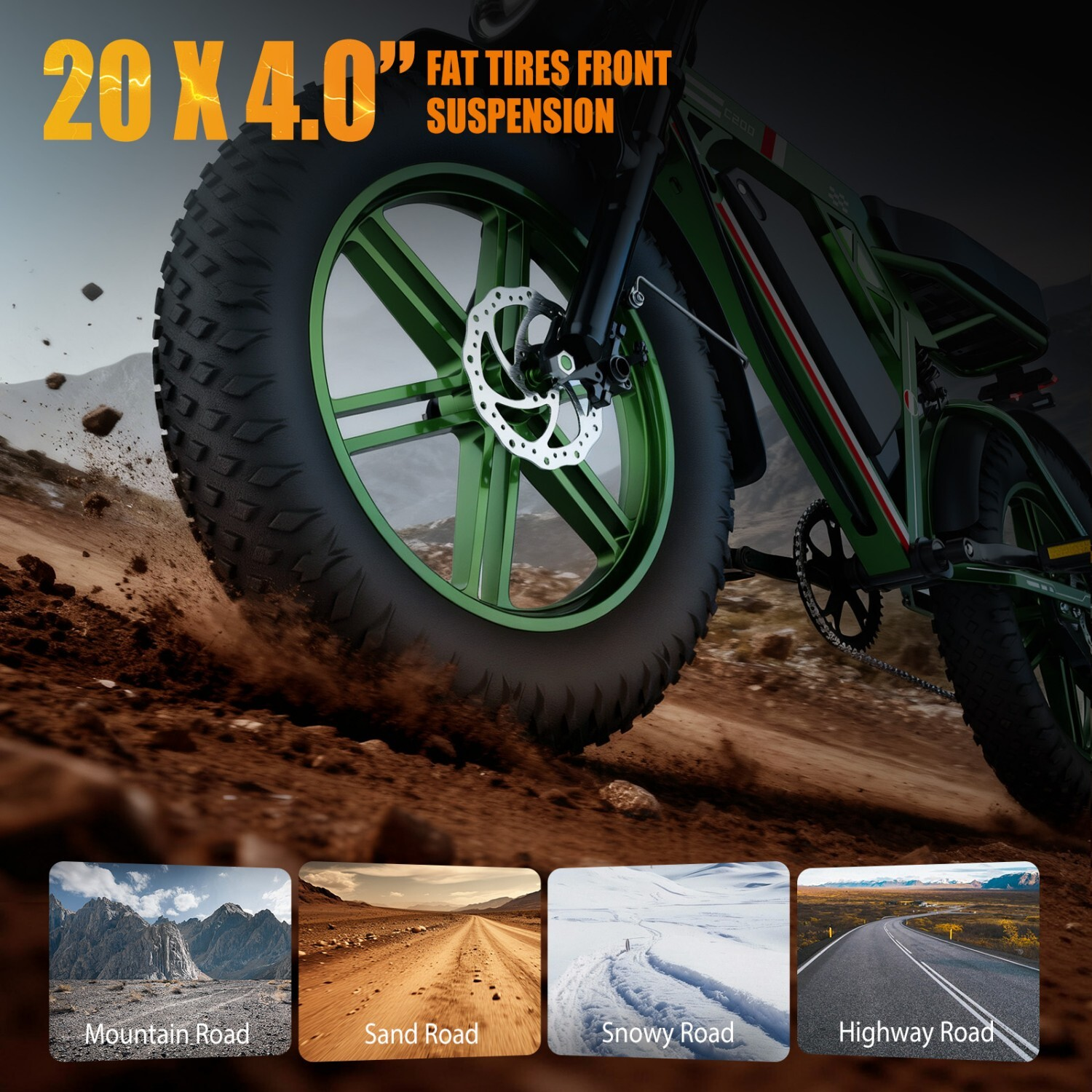 Zielony rower elektryczny z grubymi oponami jedzie po drodze gruntowej. Cztery scenariusze: góry, piasek, śnieg, autostrada.
