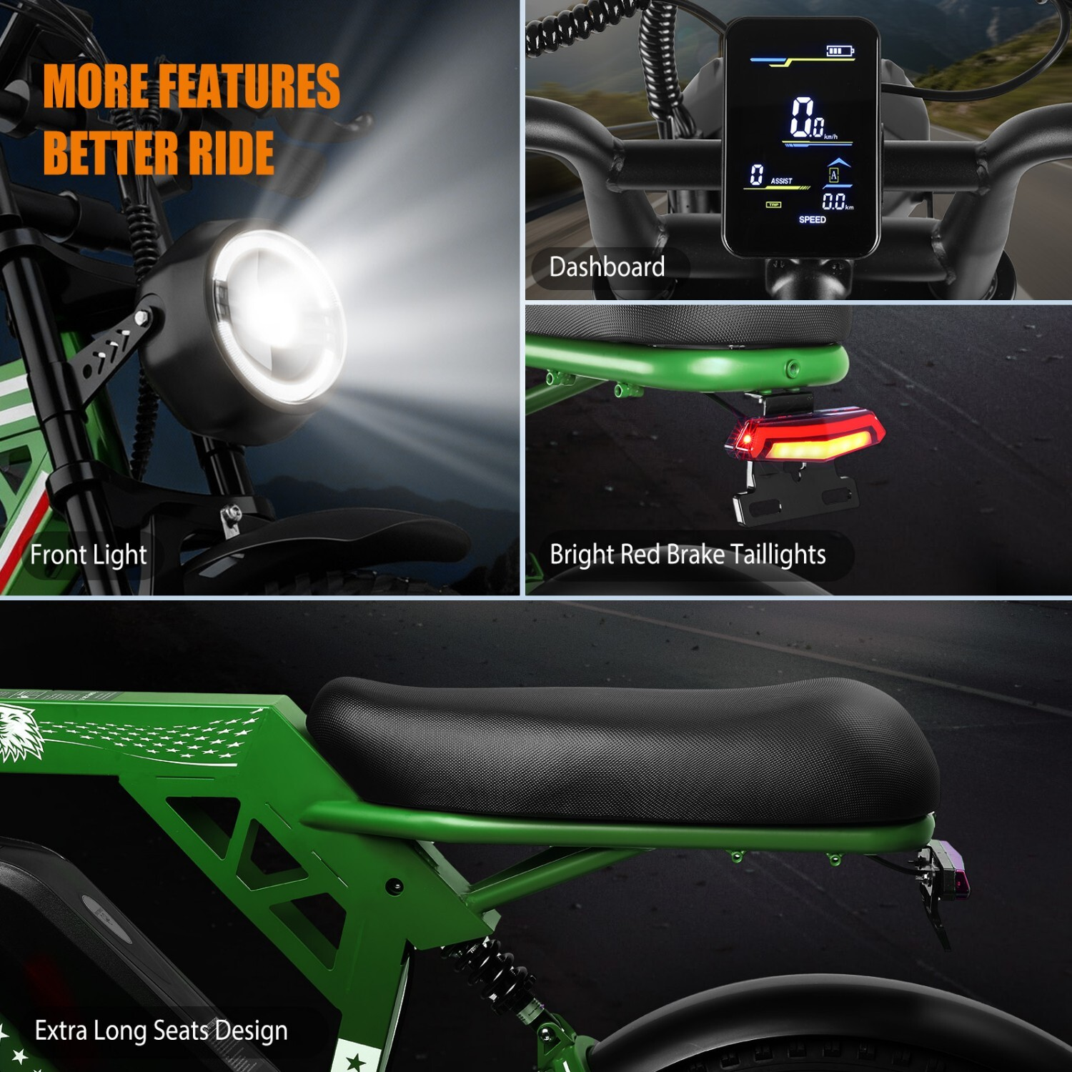 Zielony rower elektryczny z jasnym przednim światłem, cyfrowym panelem i czerwonymi światłami.