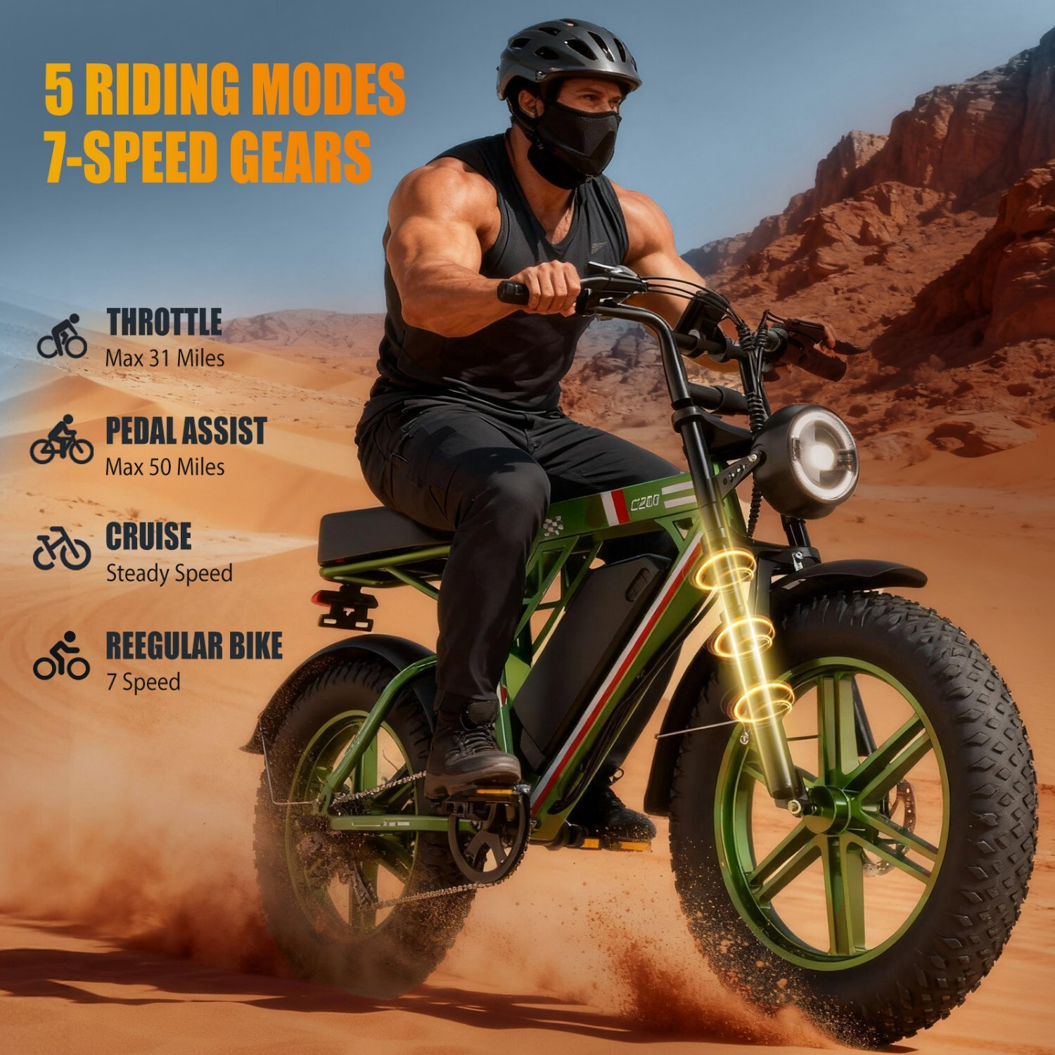 Mężczyzna jedzie zielonym rowerem elektrycznym przez pustynny krajobraz z czerwonymi skałami.