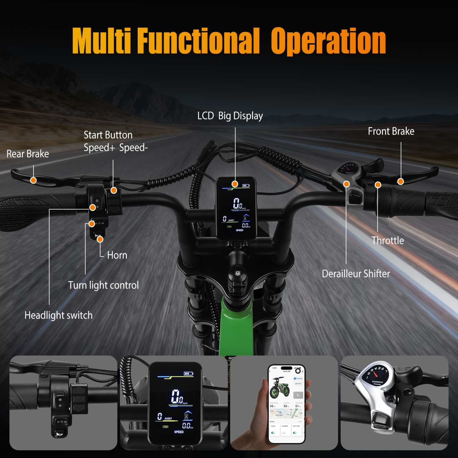 Kierownica roweru elektrycznego z elementami sterującymi, wyświetlaczem i widokiem aplikacji.