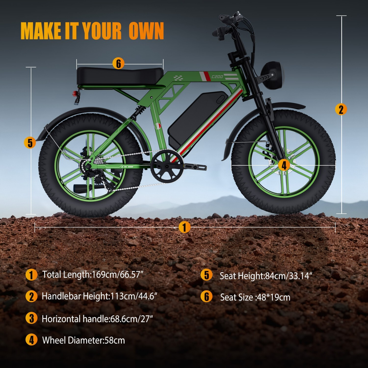 Zielony rower elektryczny z wymiarami: Długość całkowita 169cm, wysokość kierownicy 113cm.