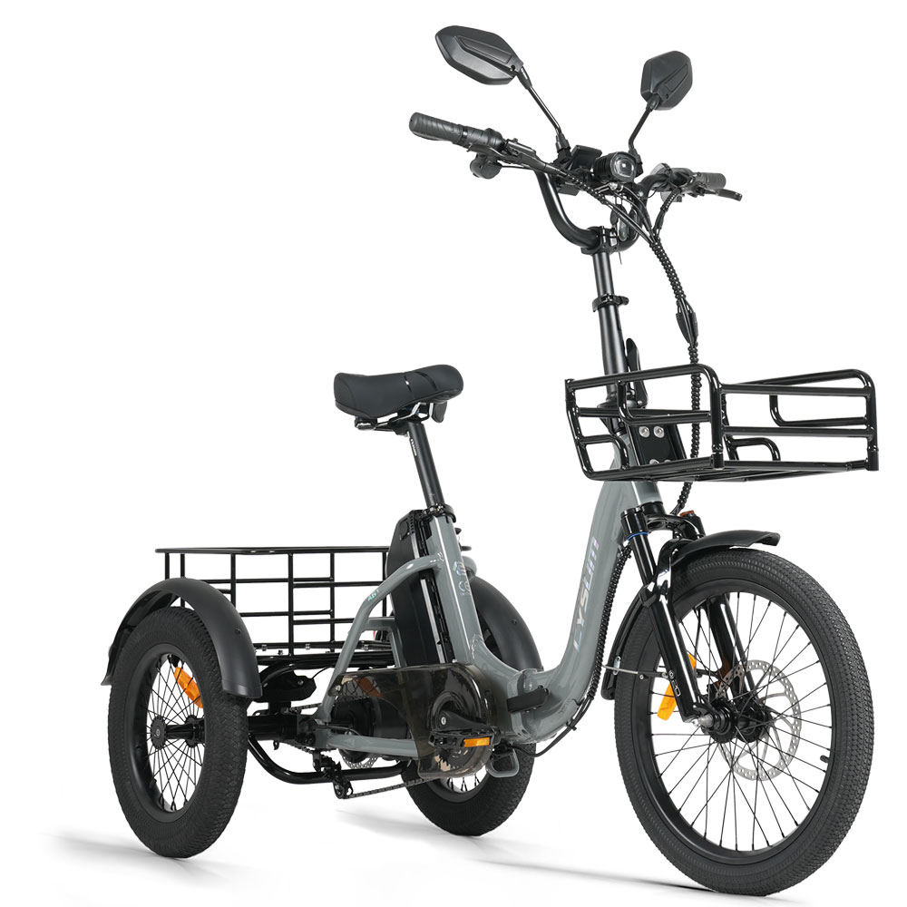 Graues dreirädriges E-Bike mit Gepäckträgern vorne und hinten.