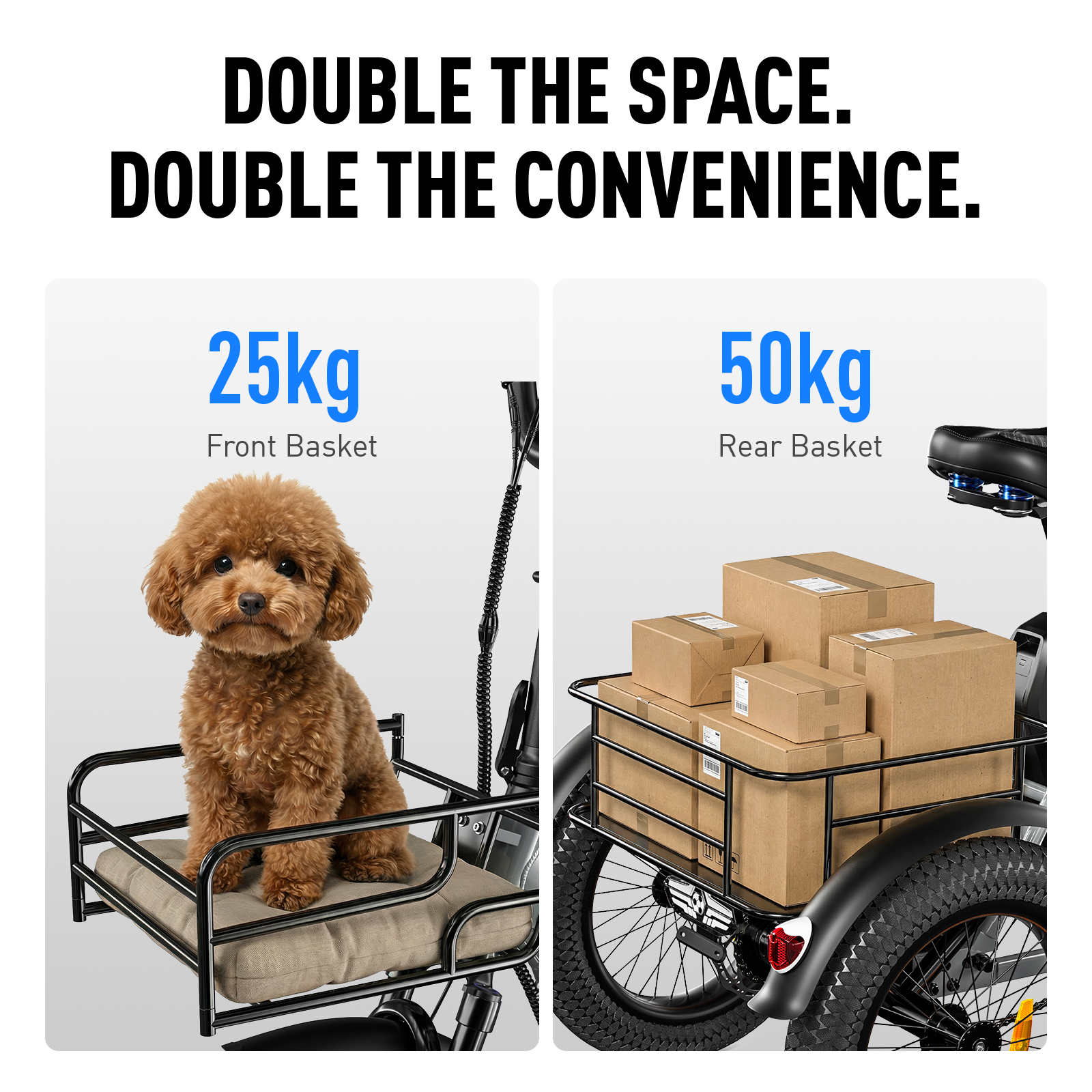 Ein Hund sitzt in einem vorderen Korb; Kartons in einem hinteren Korb.