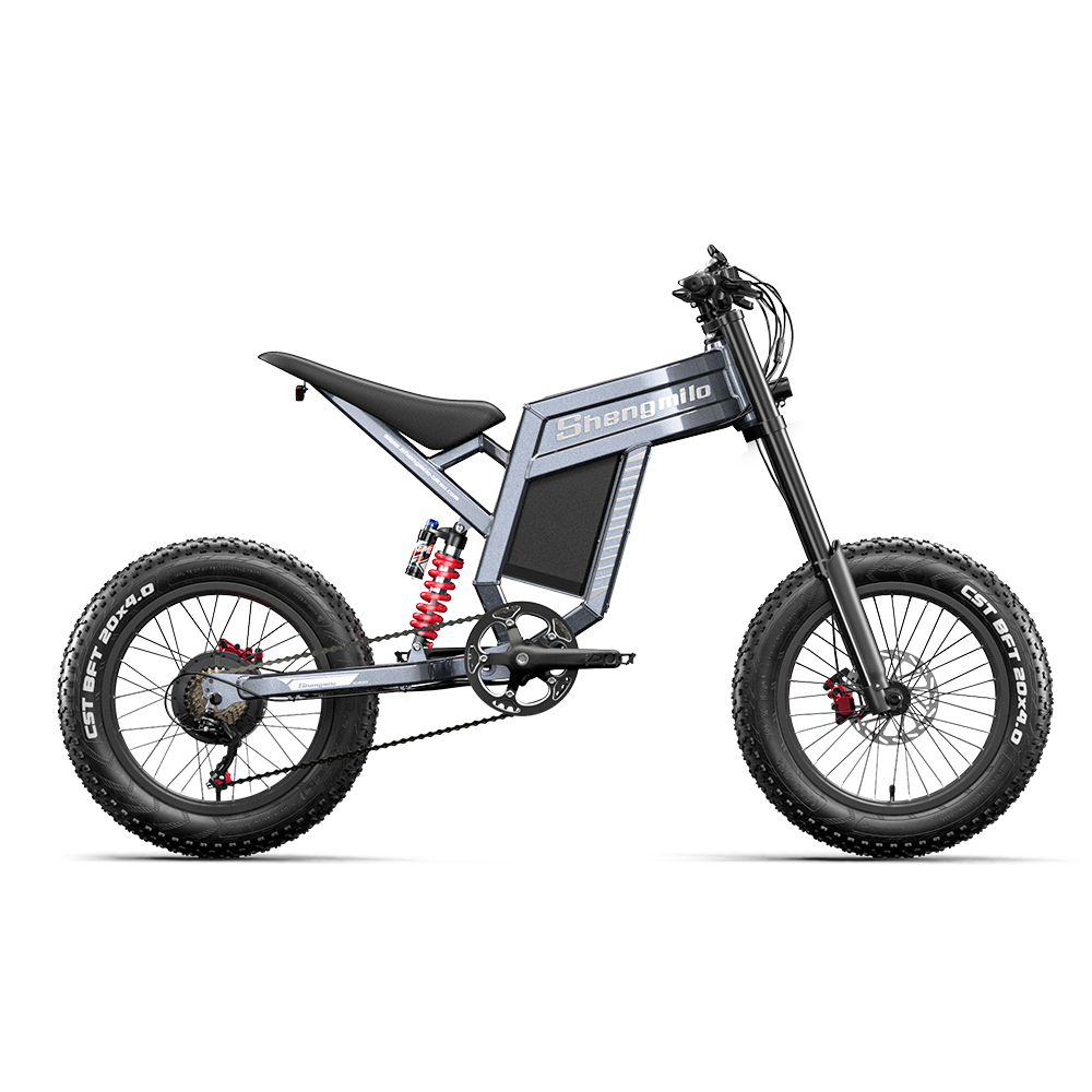 Graues E-Bike mit breiten Reifen, roter Federung und schwarzem Sitz.