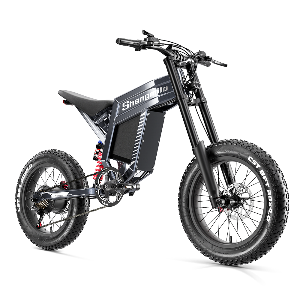 Ein graues E-Bike mit fetten Reifen, Federung und einem Akku im Rahmen.