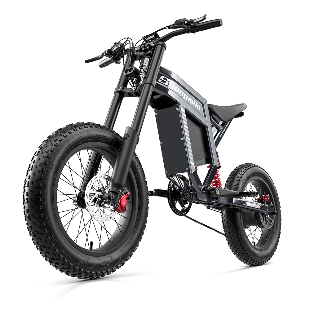 Ein schwarzes dreirädriges E-Bike mit fetten Reifen und roten Bremssätteln.