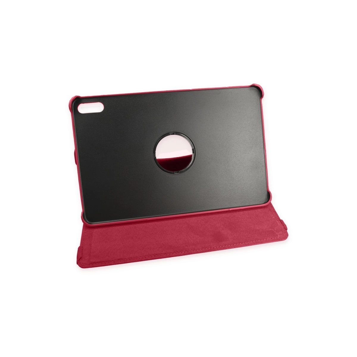 Yuvarlak kesimli siyah arkaya sahip kırmızı tablet kılıfı.