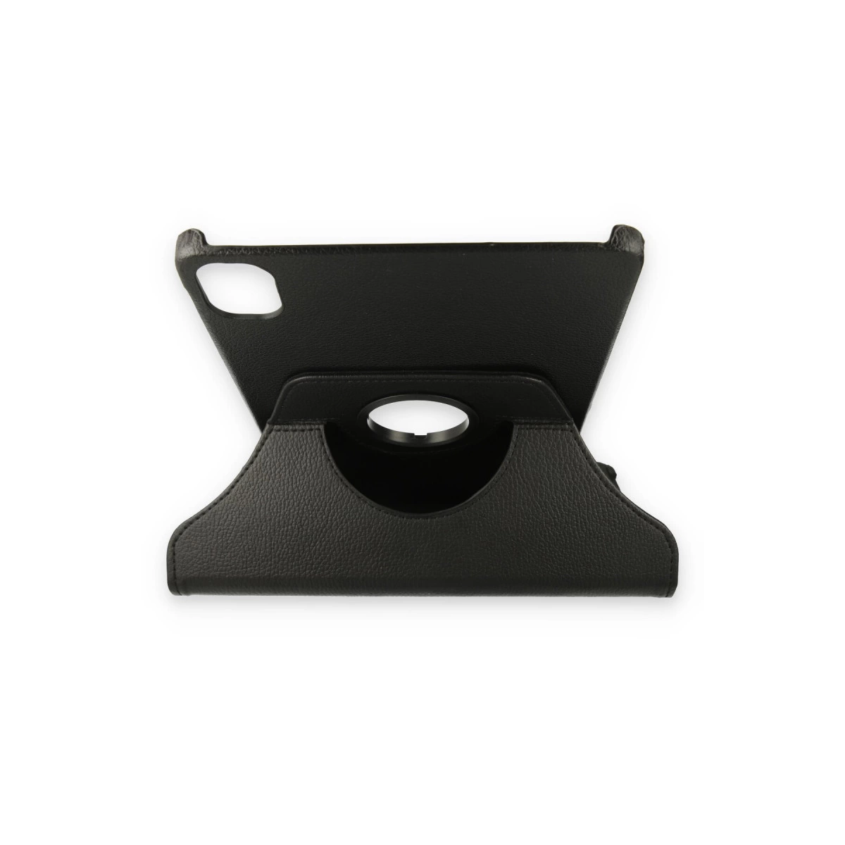 Siyah tablet standı, tutma yeri ve delikli, beyaz arka planlı.