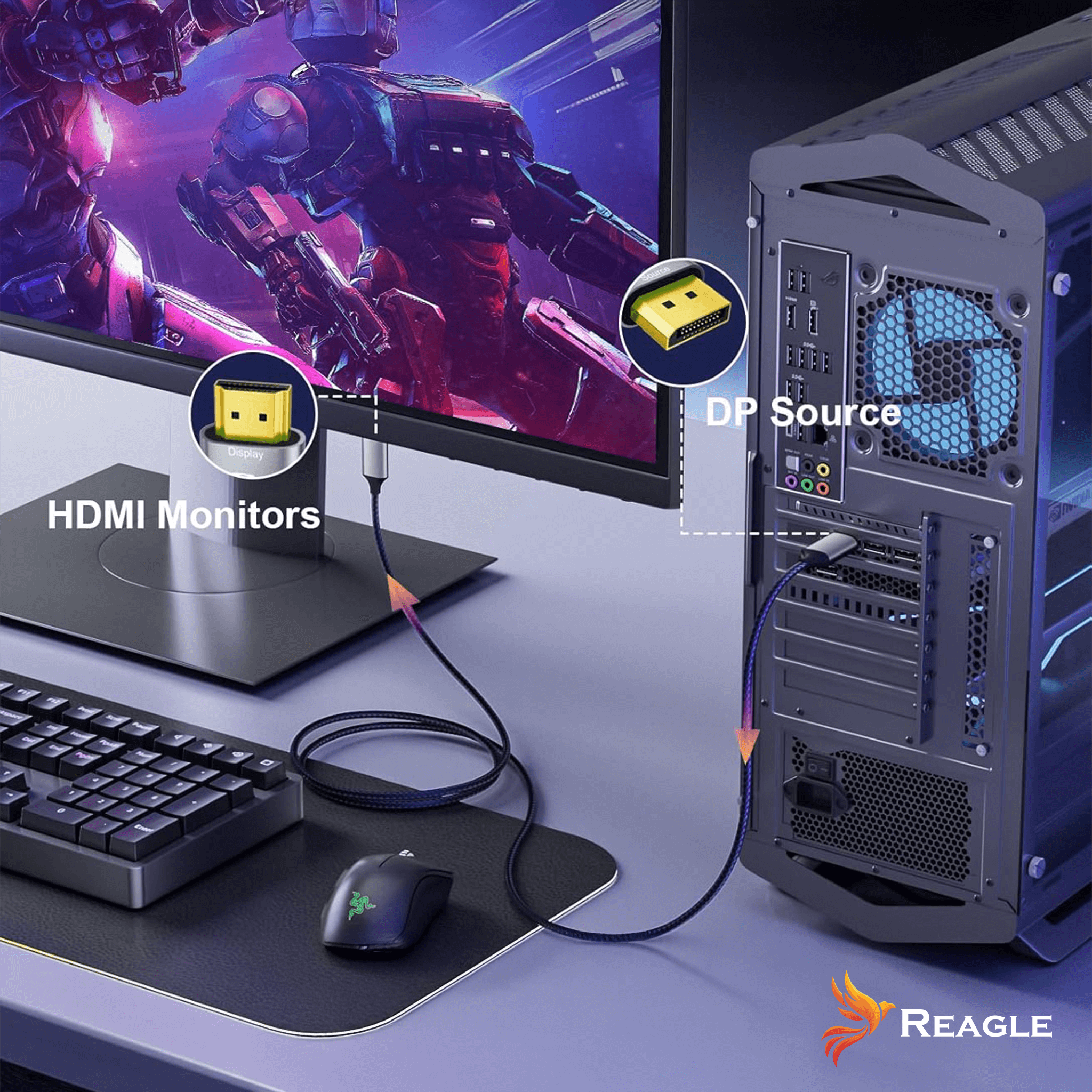 Komputer PC podłączony do monitora. Klawiatura i mysz na macie.