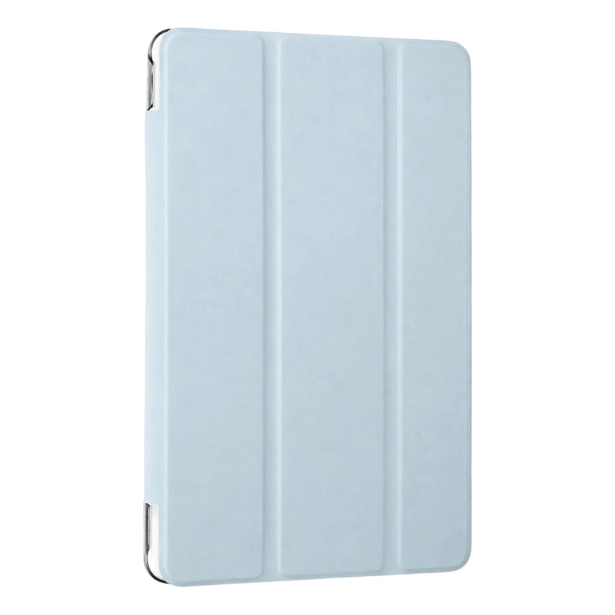 Dikey katlantı şeritli açık mavi tablet kılıfı, beyaz arka plan üzerinde.