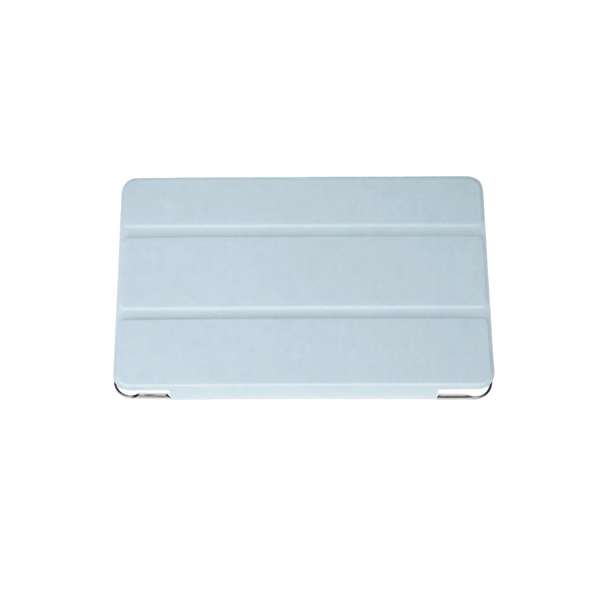 Üç yatay katlanmış açık mavi tablet kılıfı, beyaz zeminde.