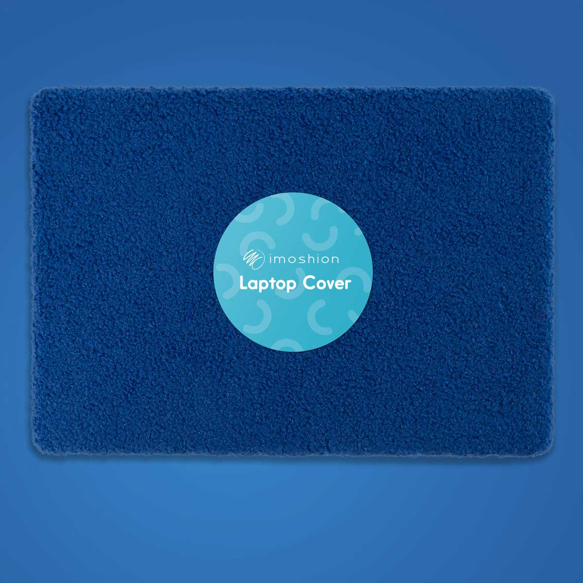 A blue laptop cover with a circular print displaying 'imoschion Laptop Cover'.
