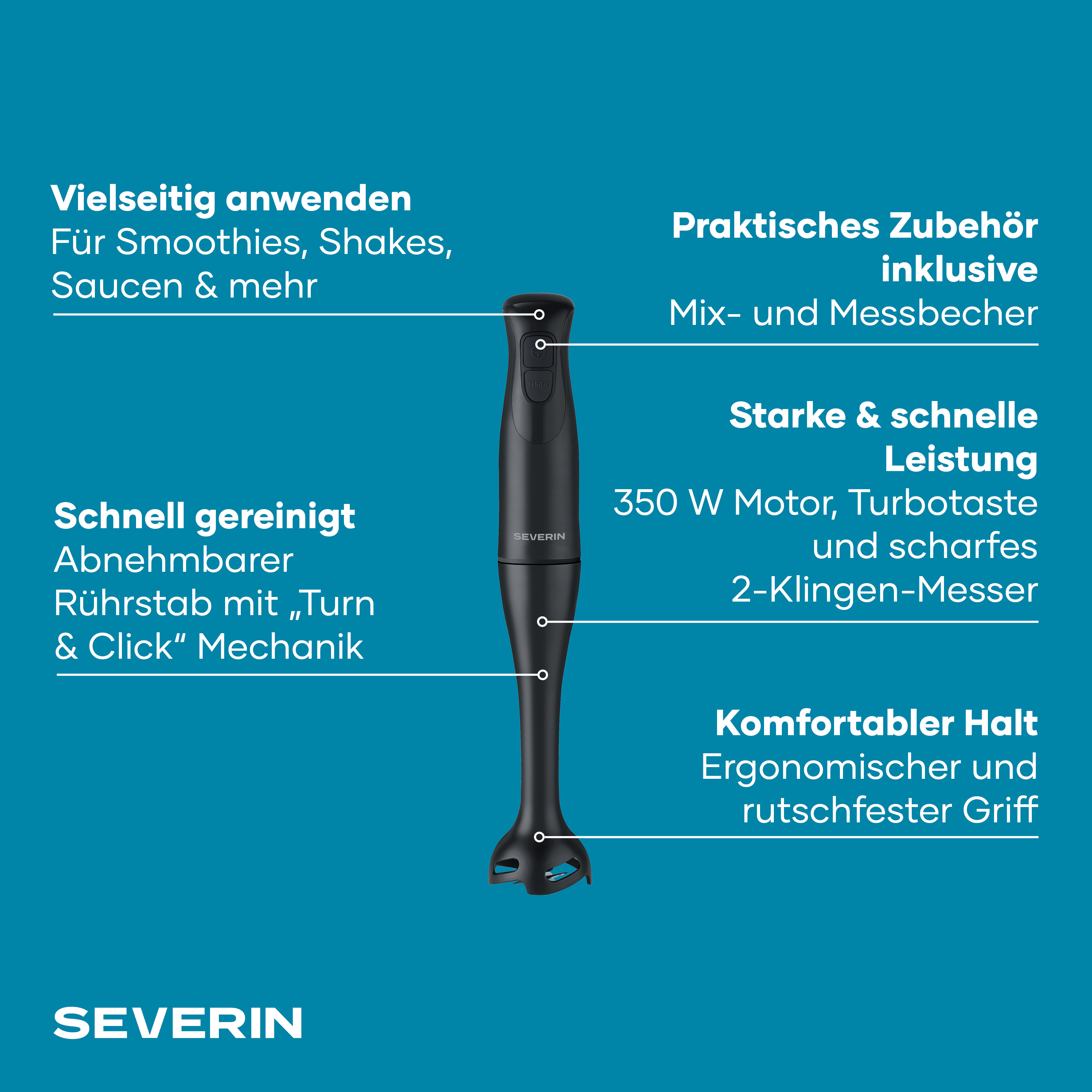 Schwarzer Severin Stabmixer mit Zubehör, 350W Motor, turbo, abnehmbar.