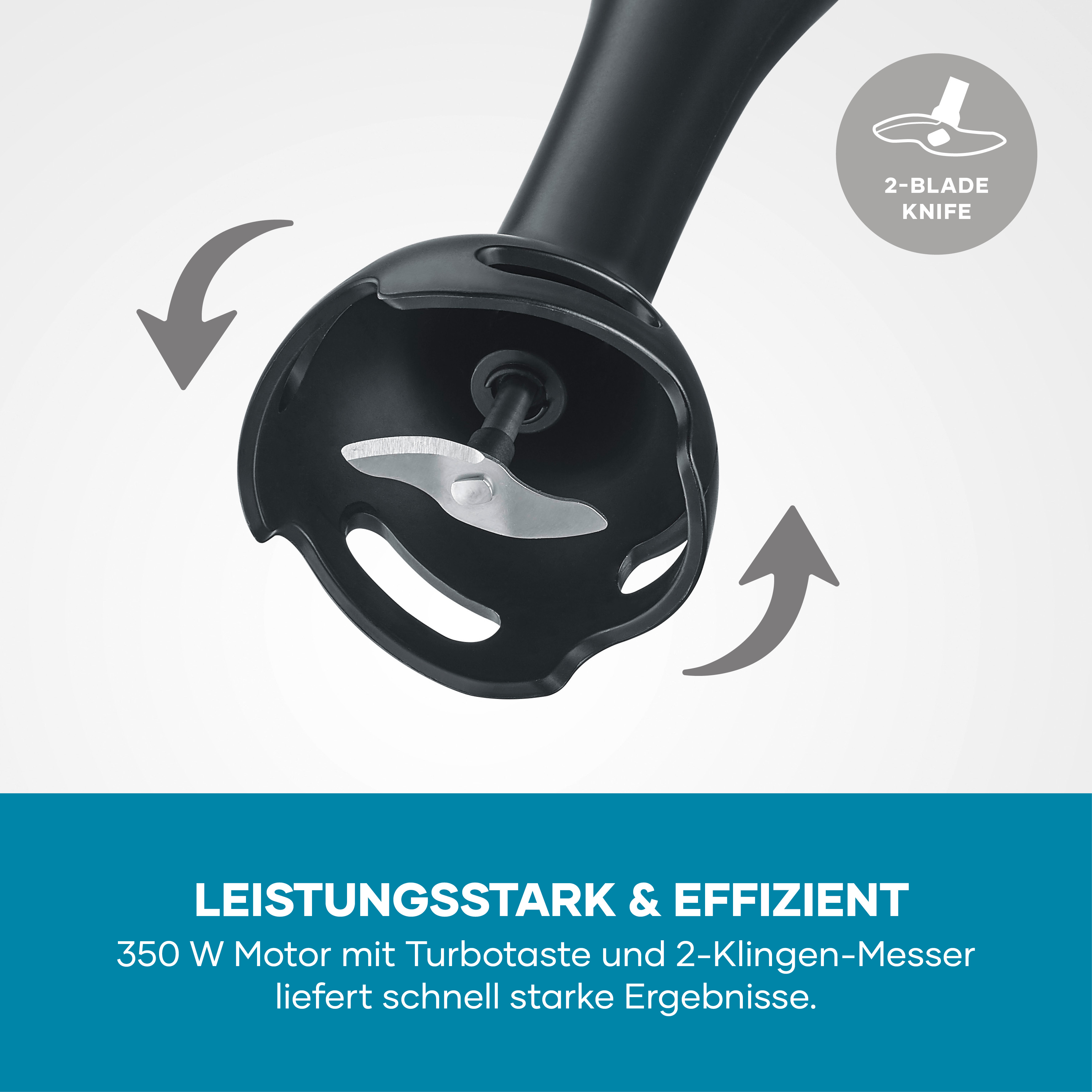 Nahaufnahme eines Stabmixers mit 2-Klingen-Messer und Pfeilen.