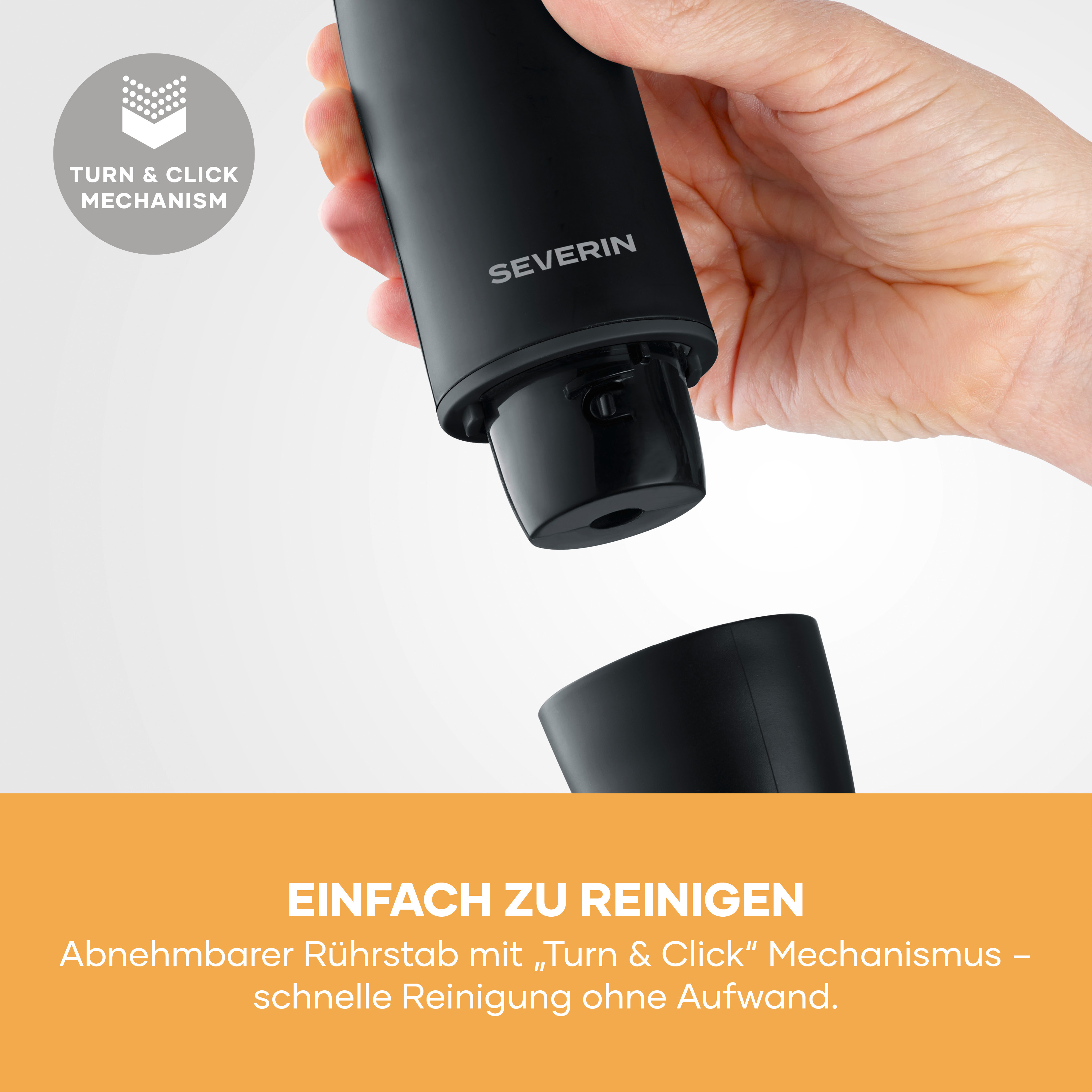 Schwarzer Stabmixer-Aufsatz wird von einer Hand gehalten, leicht abnehmbar.