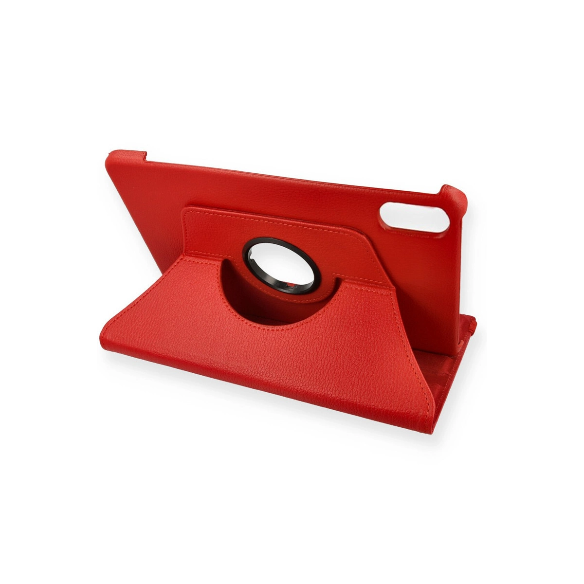 Dairesel kesimli, stant özellikli kırmızı tablet kılıfı.