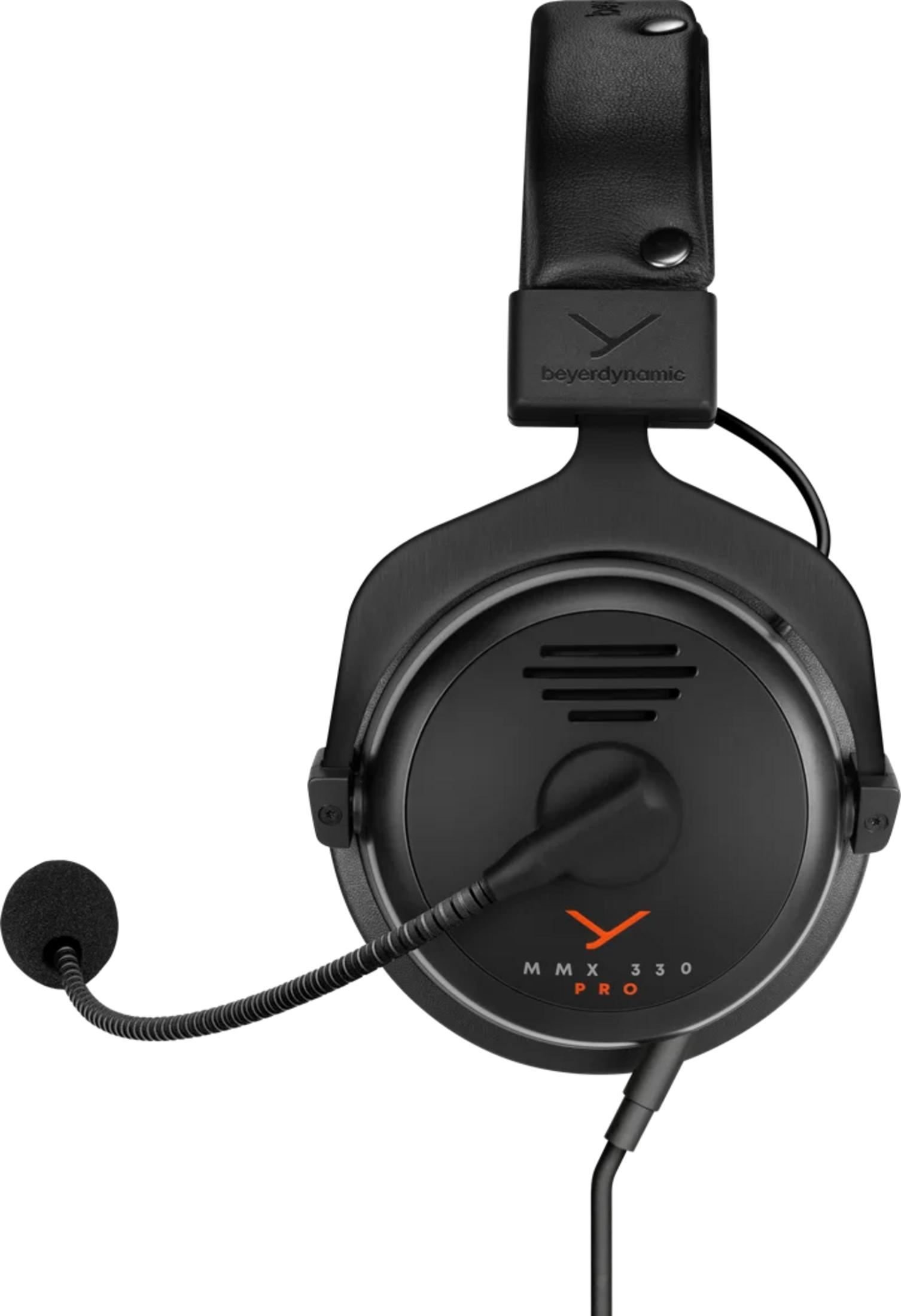 Black Beyerdynamic headphones with a microphone, MMX 330 PRO.