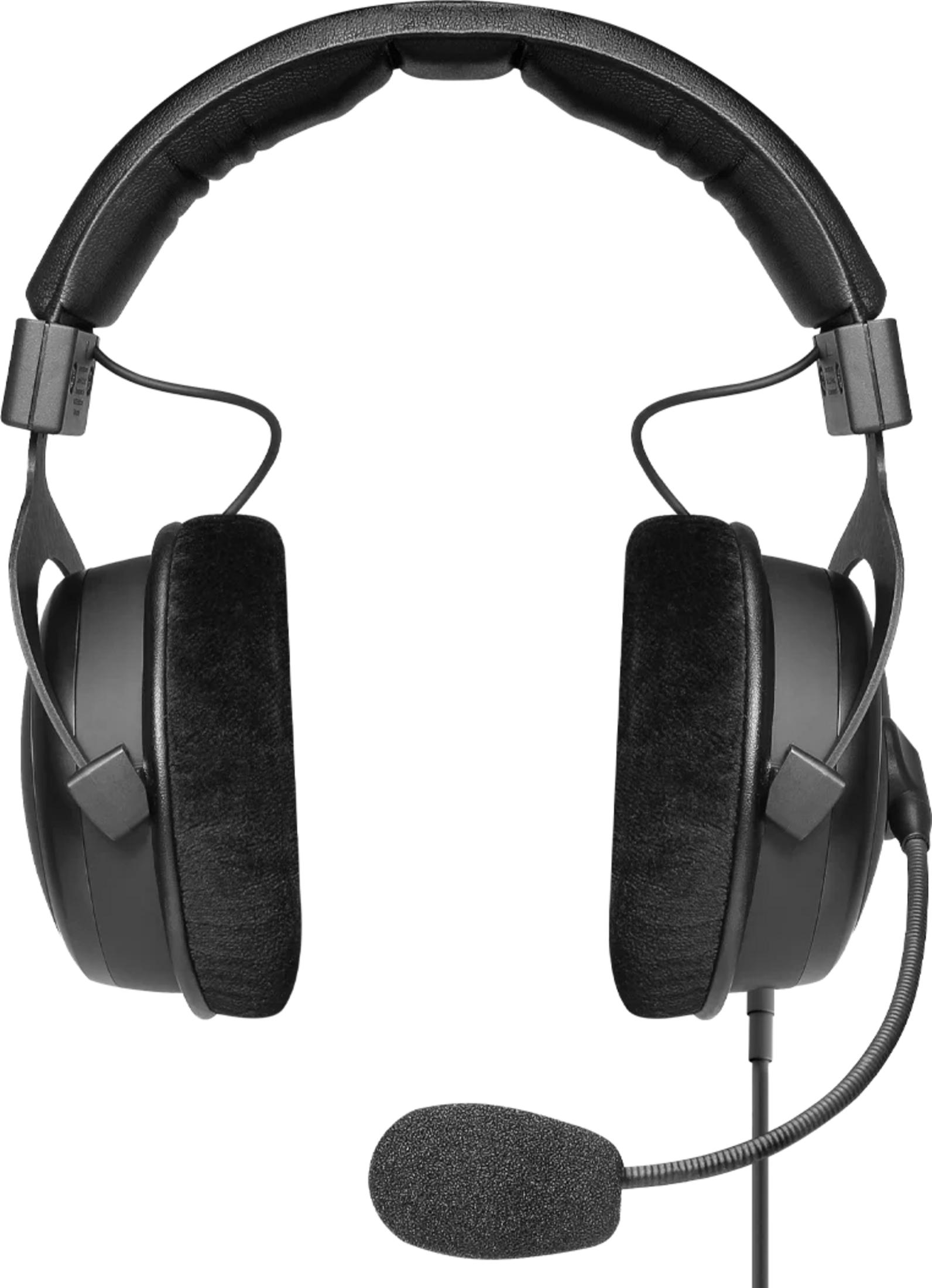 Black over-ear headphones with a microphone on a white background.