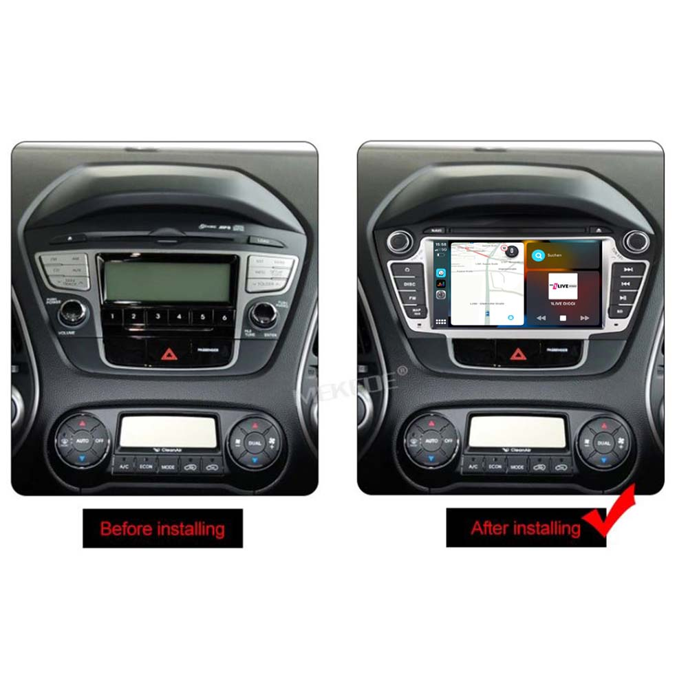 Autodashbord vor und nach Installation eines Infotainmentsystems.