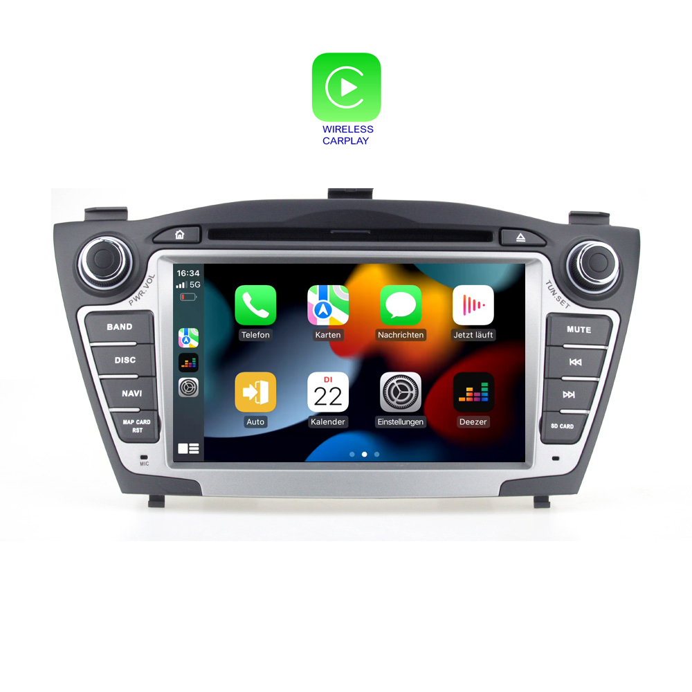 Ein Autoradio-Bildschirm zeigt das Wireless CarPlay-Symbol und App-Symbole wie Telefon, Karten, Nachrichten und Kalender.