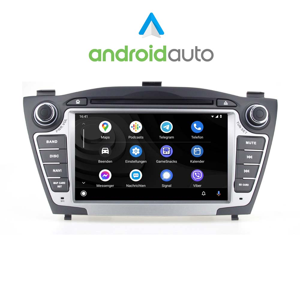 Ein Android Auto Infotainmentsystem mit App-Symbolen wie Maps, Telegram, Messenger.