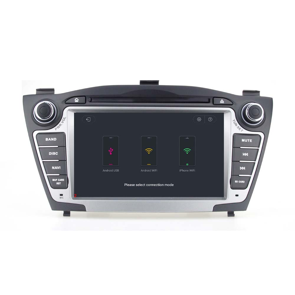 Autoradio-Bildschirm zeigt Verbindungsoptionen: Android USB, Android WiFi, iPhone WiFi.