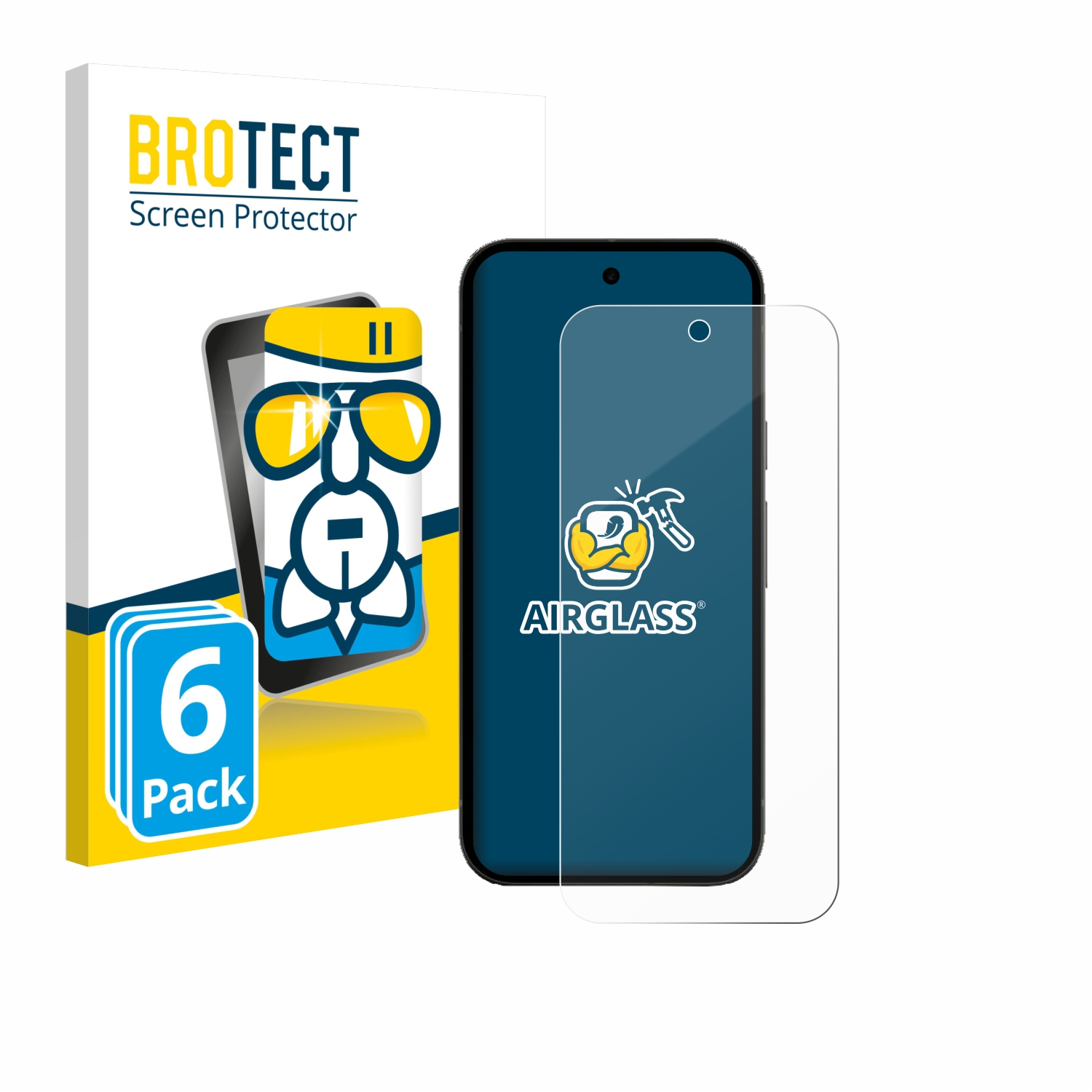 BROTECT Displayschutz-Verpackung mit 6er-Pack-Etikett neben einem Smartphone mit Airglass-Schutz.