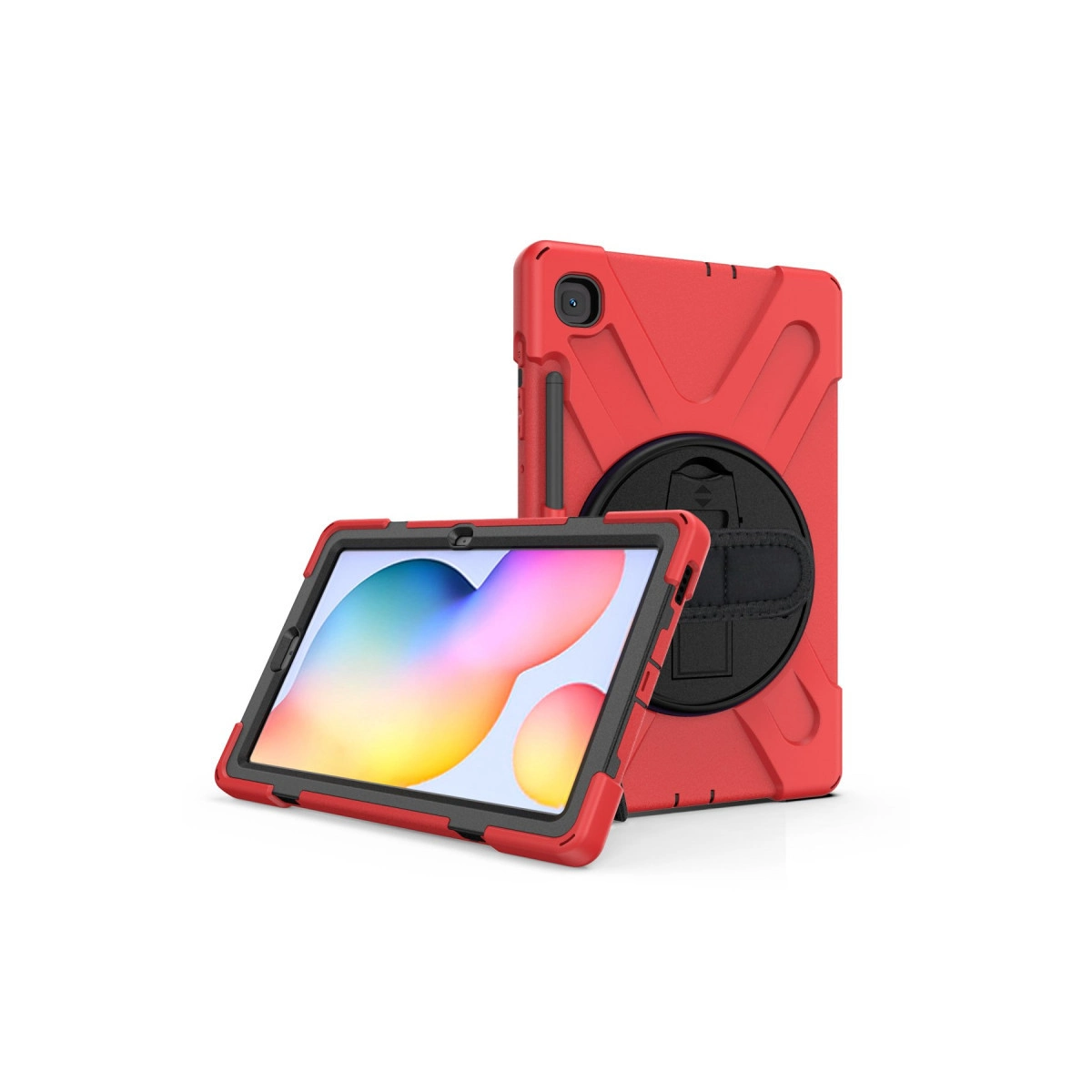 Saplı iki kırmızı tablet kılıfı yan yana duruyor. Biri açık.