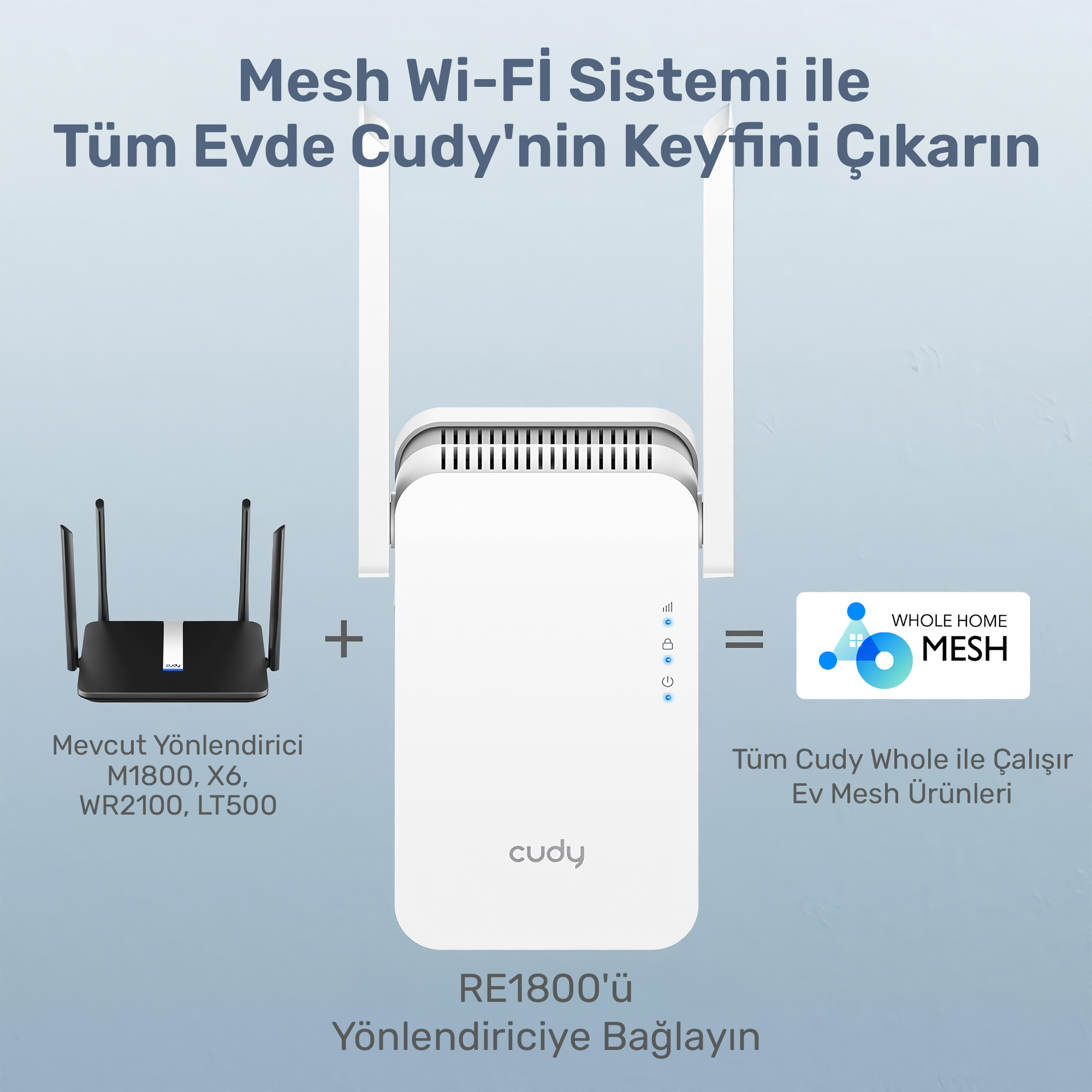 Siyah bir router ve antenli beyaz mesh tekrarlayıcı.