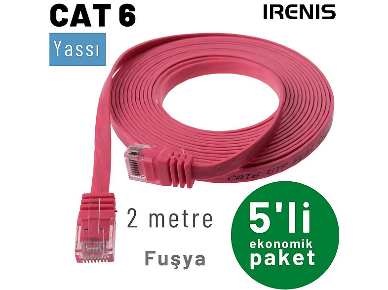 IRENIS 5 Adet 2 m CAT6 Kablo Yassı Network Lan Ağ İnternet Ethernet Kablosu