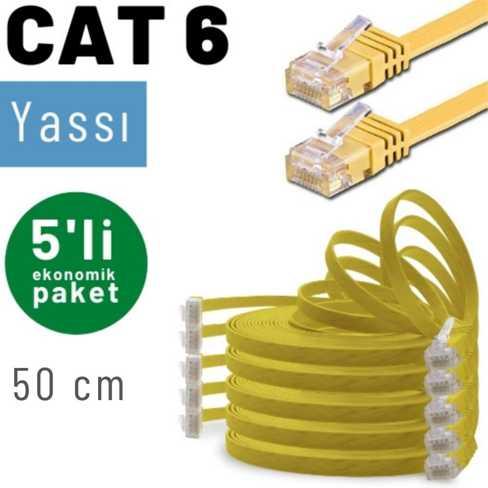Düz sarı CAT 6 ağ kabloları, 50cm, 5'li paket. RJ45 konnektörlü.