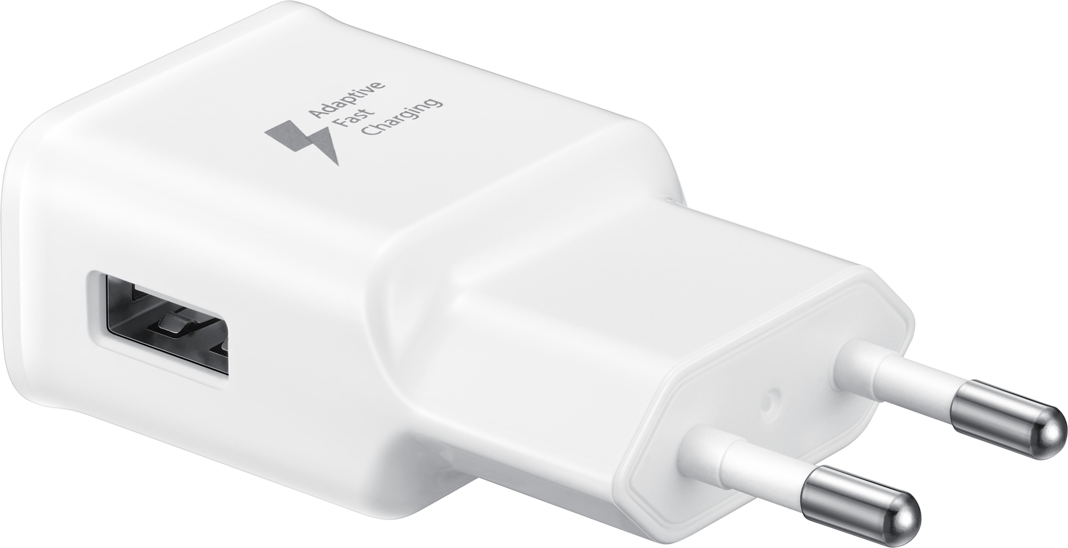 Un adattatore di corrente bianco con porta USB e simbolo fulmine.
