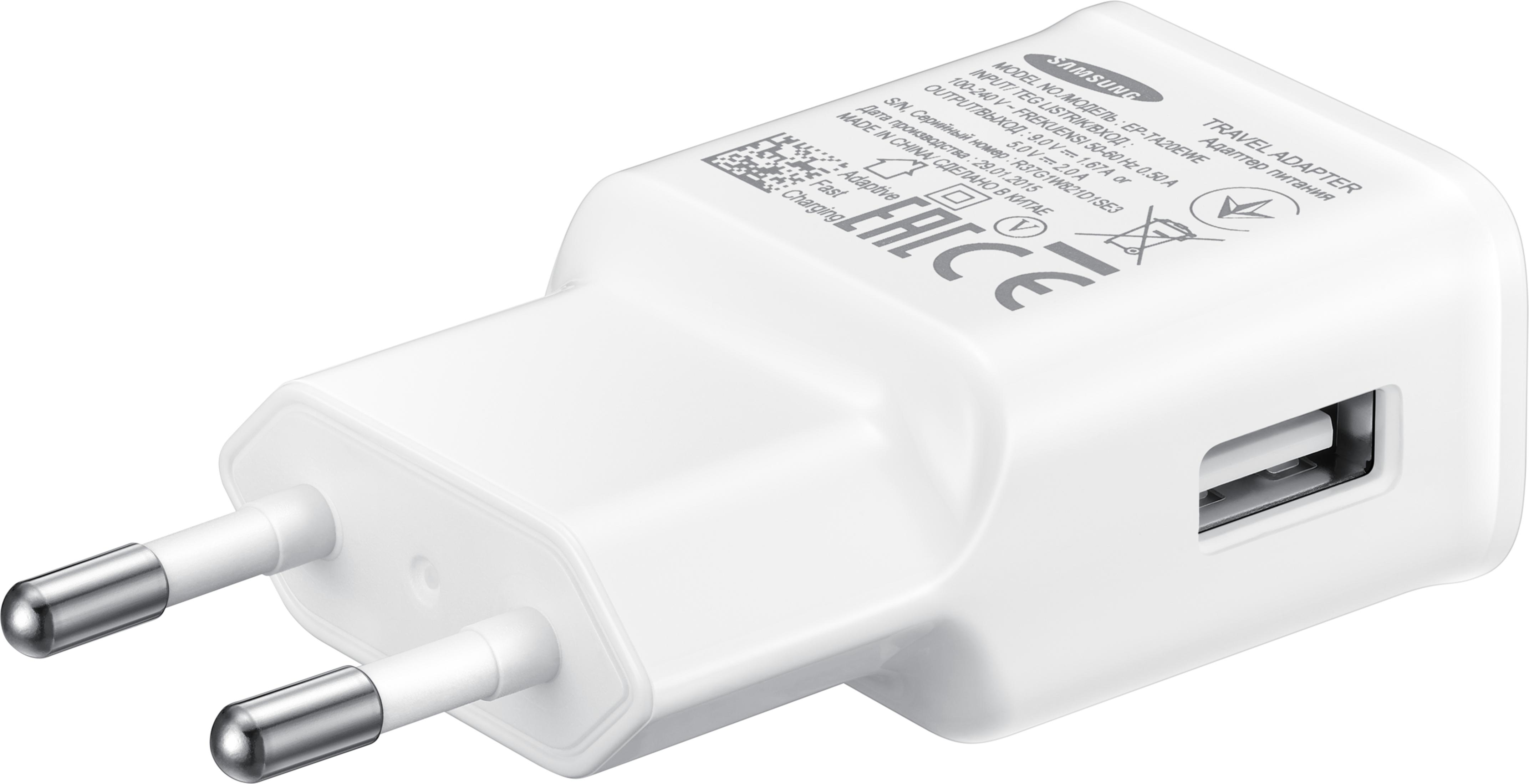 Un adattatore da viaggio Samsung bianco con porta USB e due pin europei.