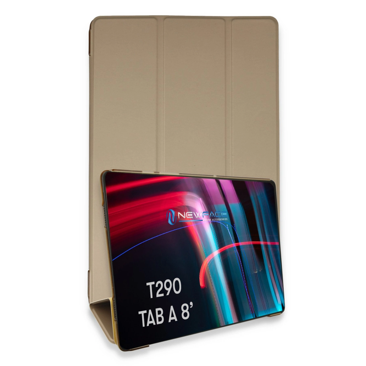 Altın rengi tablet kılıfı dik duruyor, soyut grafikler ve metin içeren bir tableti gösteriyor.