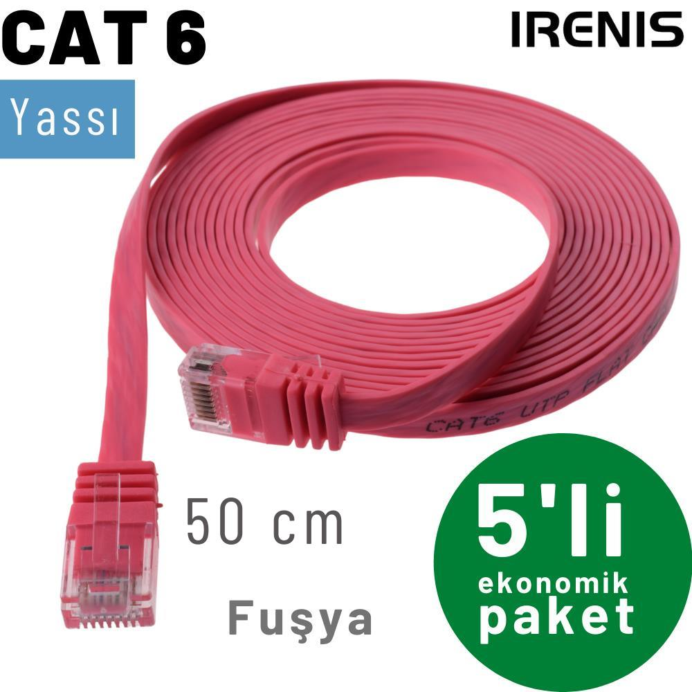 50 cm'lik pembe CAT 6 UTP yassı kablo, RJ45 konektörlü.