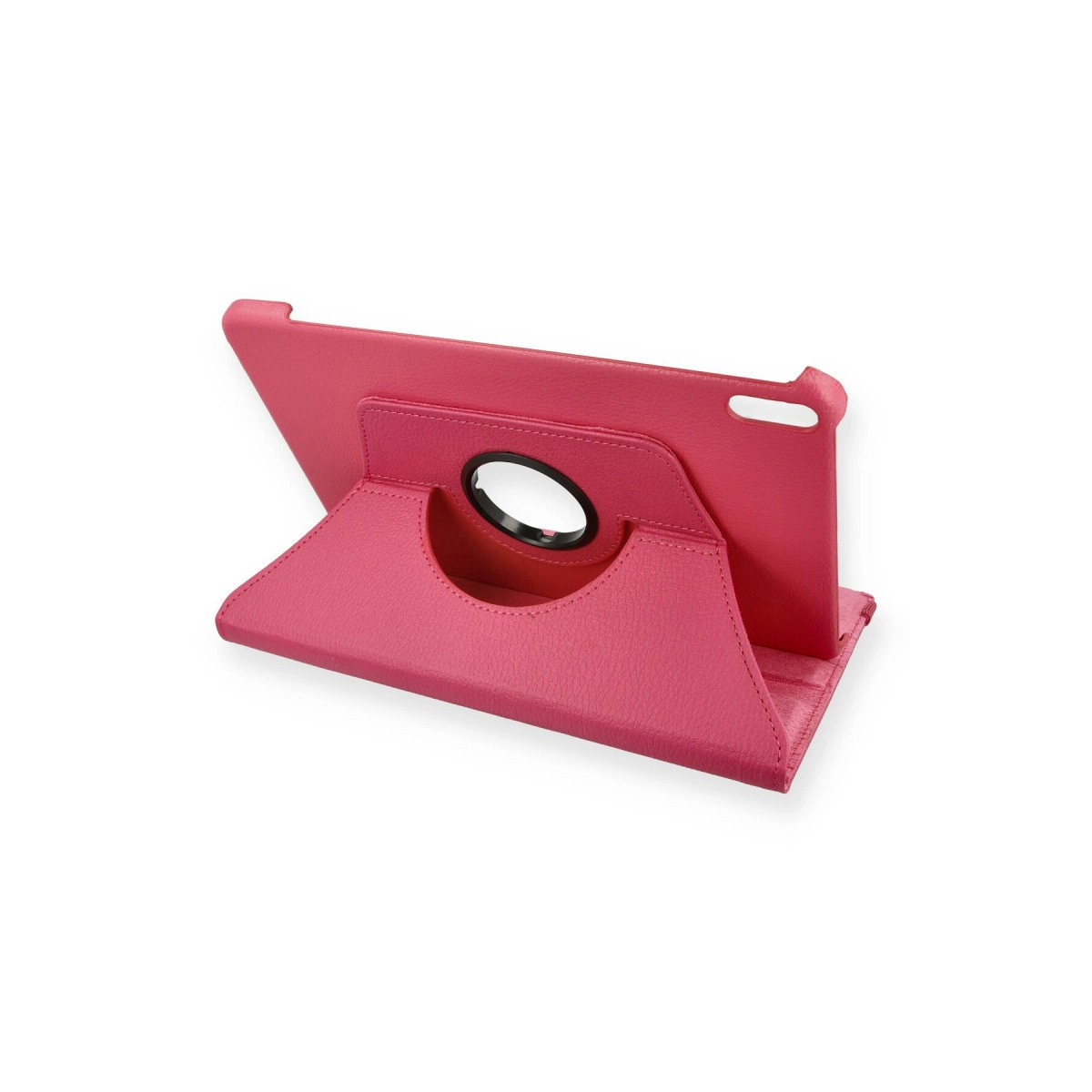 Pembe tablet kılıfı, stantlı ve kulplu, beyaz arka planda gösteriliyor.
