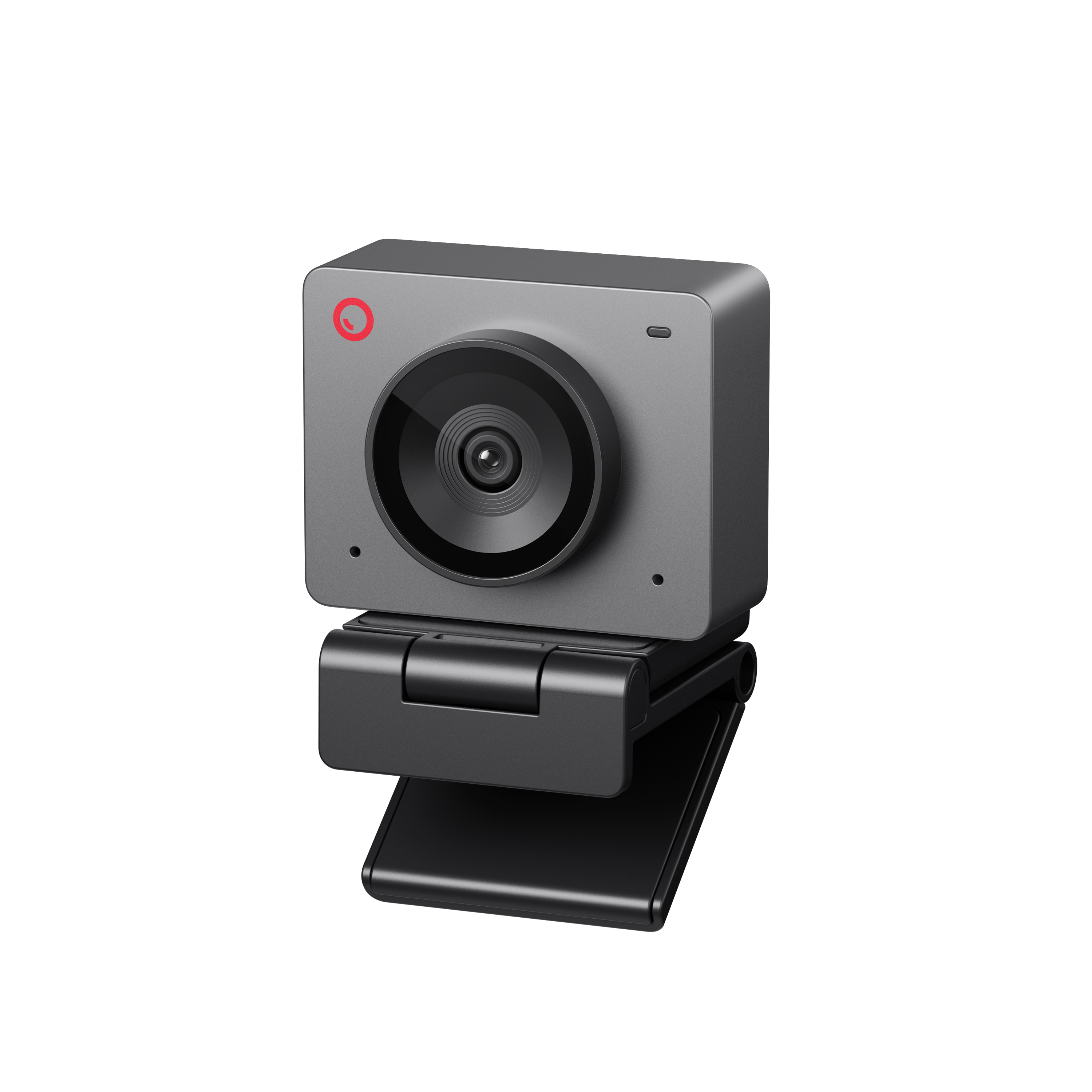 Graue Webcam mit rotem Kreis-Logo und schwarzer Halterung, isoliert auf schwarzem Hintergrund.
