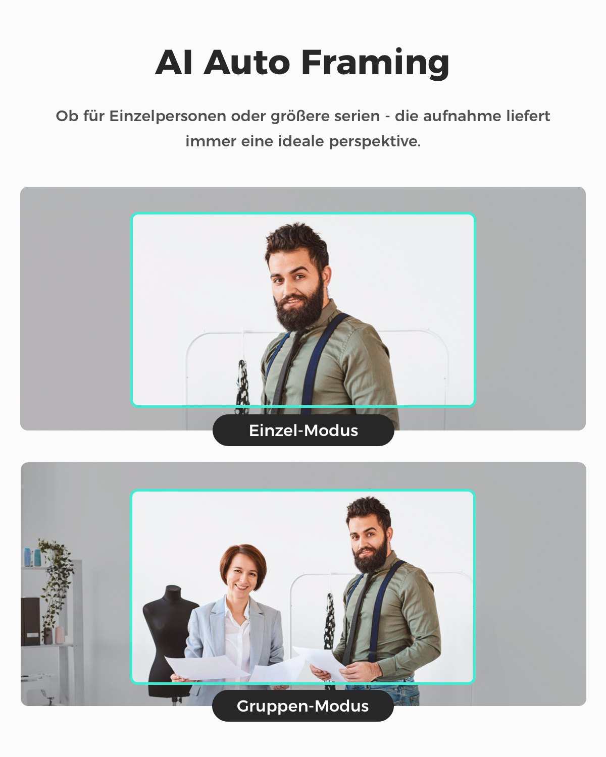 Mann allein, dann Mann mit Frau. KI-Autoframing für Einzel- und Gruppenaufnahmen.