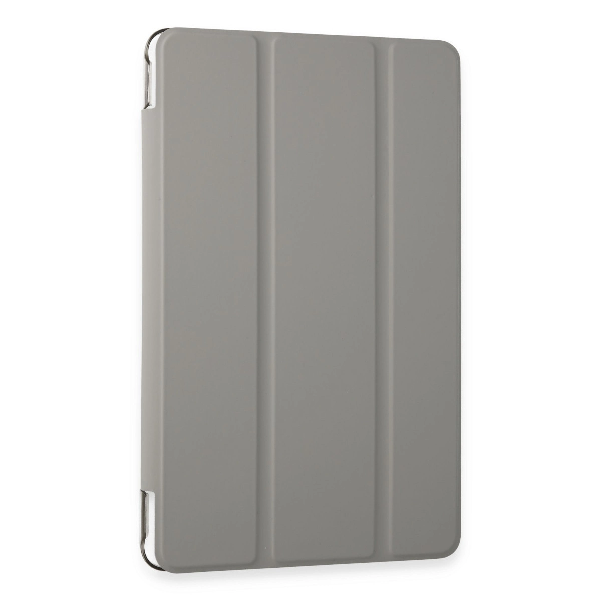 Üç dikey katlanmış gri tablet kılıfı, beyaz arka plan üzerinde.