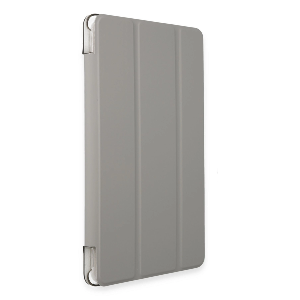 Şeffaf köşeli ve dikey katlamalı gri tablet kılıfı.