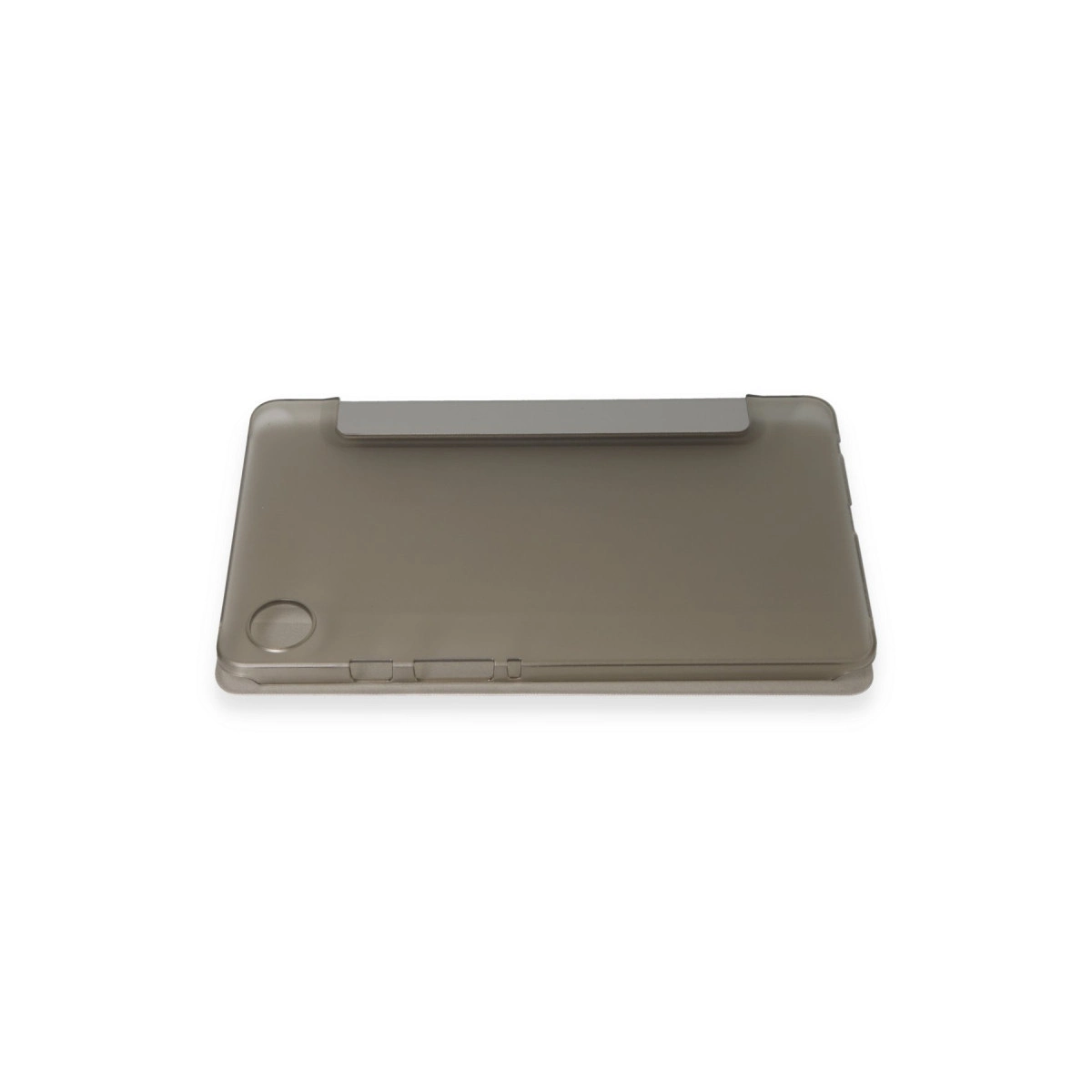 Gümüş stantlı şeffaf gri tablet kılıfı.