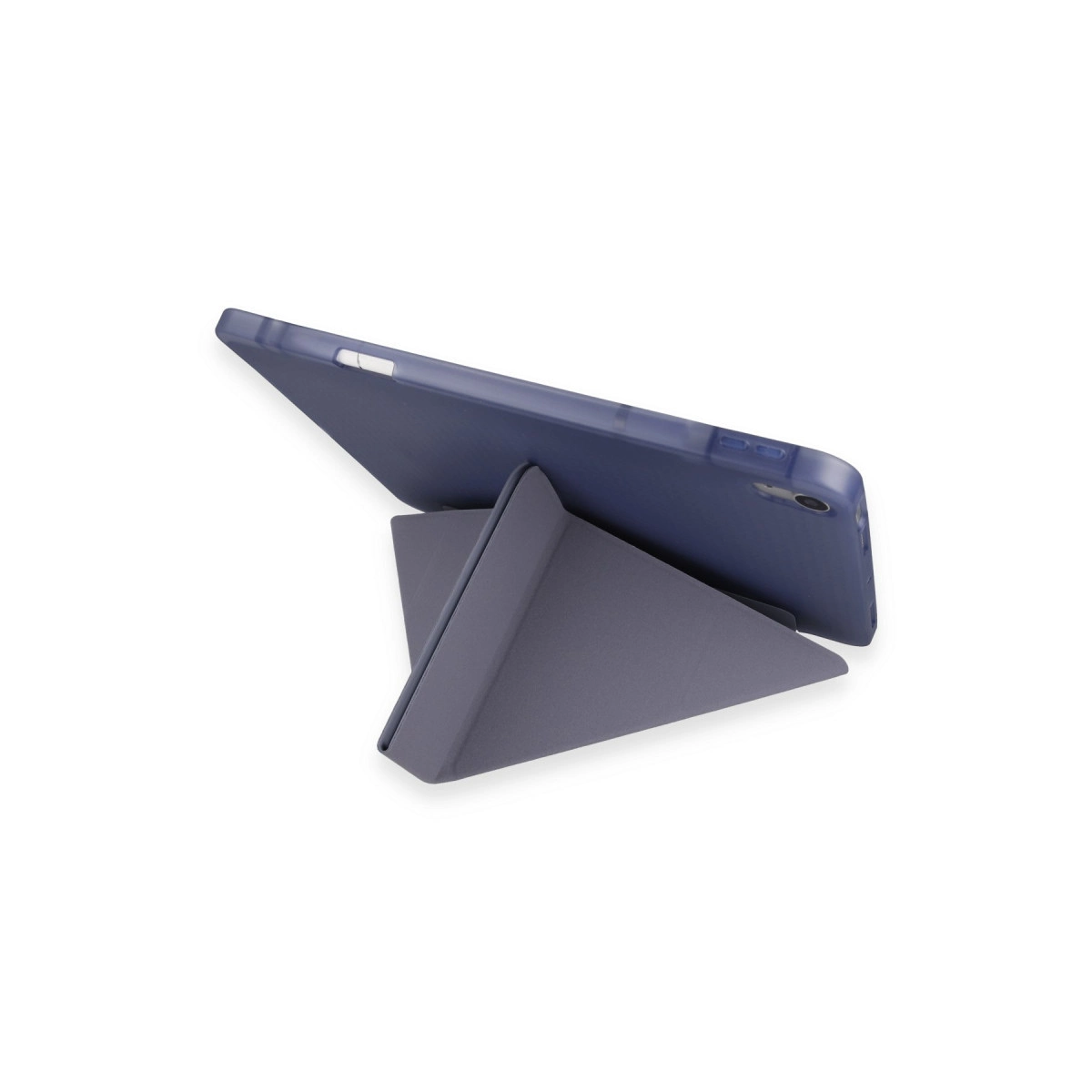 Mavi tablet gri origami stand üzerinde duruyor. Beyaz arka plan.