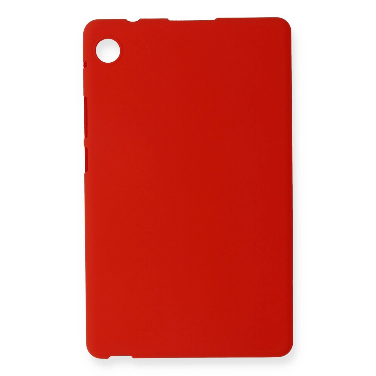 Solda kamera deliği olan kırmızı tablet kılıfı.